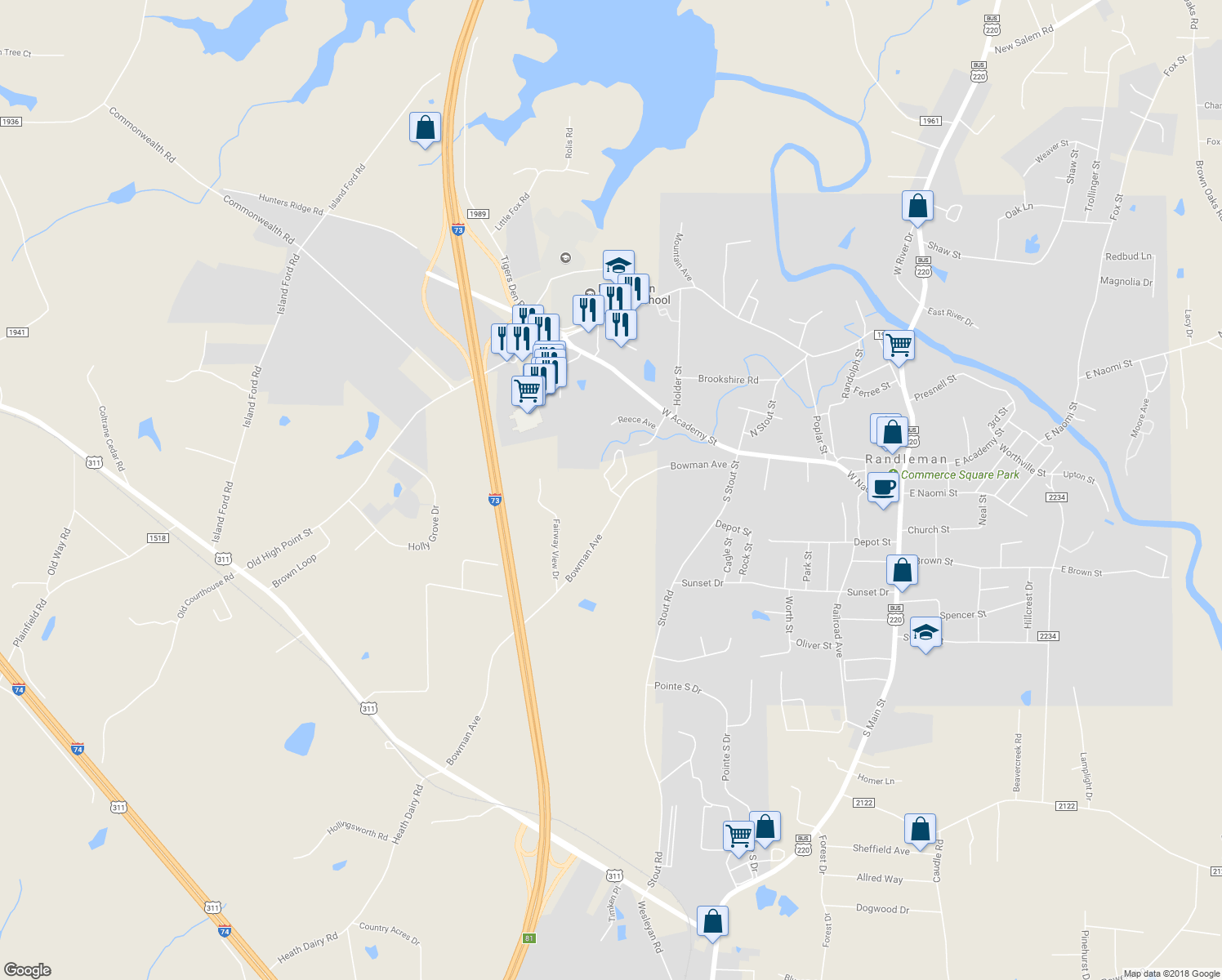 map of restaurants, bars, coffee shops, grocery stores, and more near 4060 Bentley Drive in Randleman