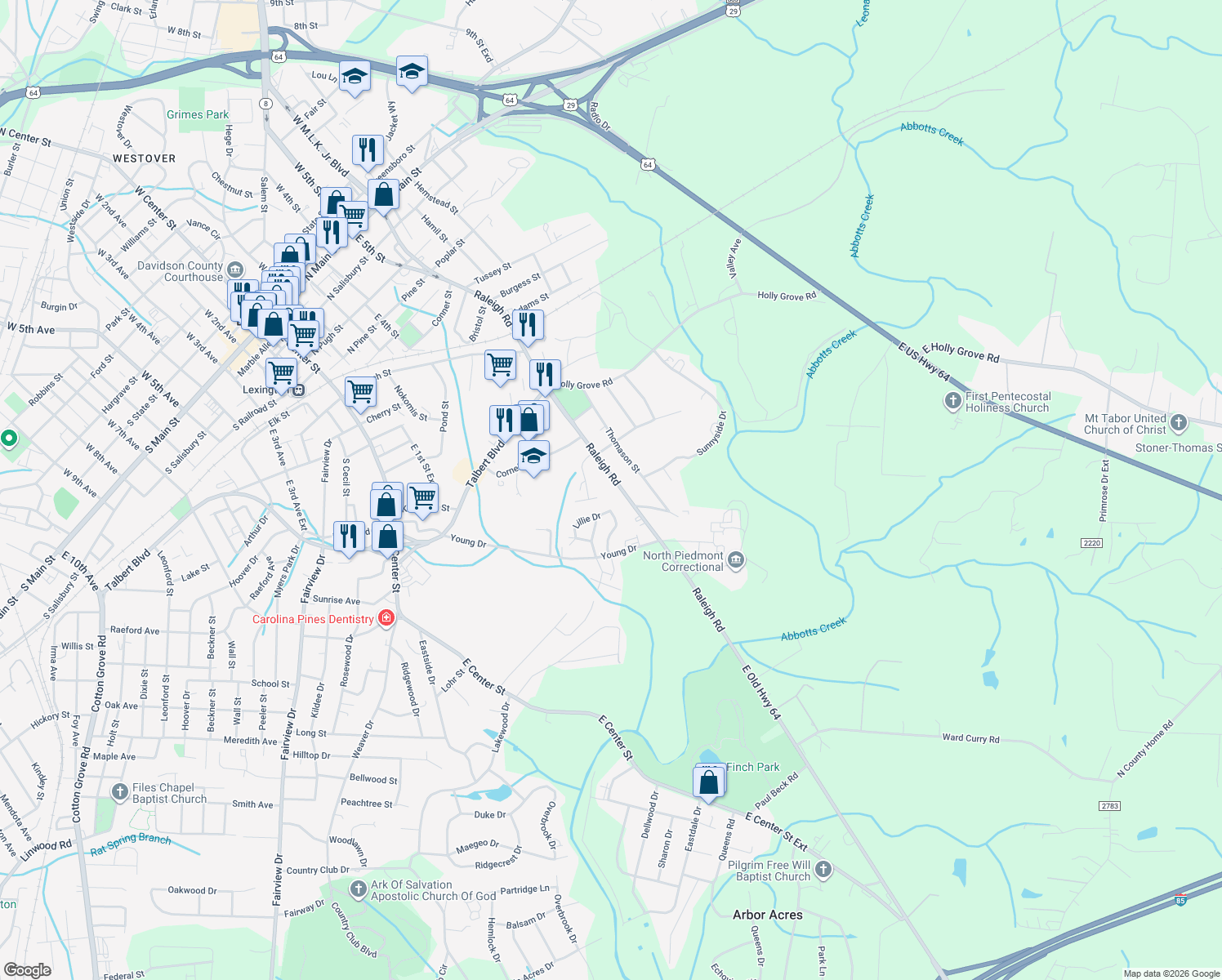 map of restaurants, bars, coffee shops, grocery stores, and more near 1219 Raleigh Rd in Lexington