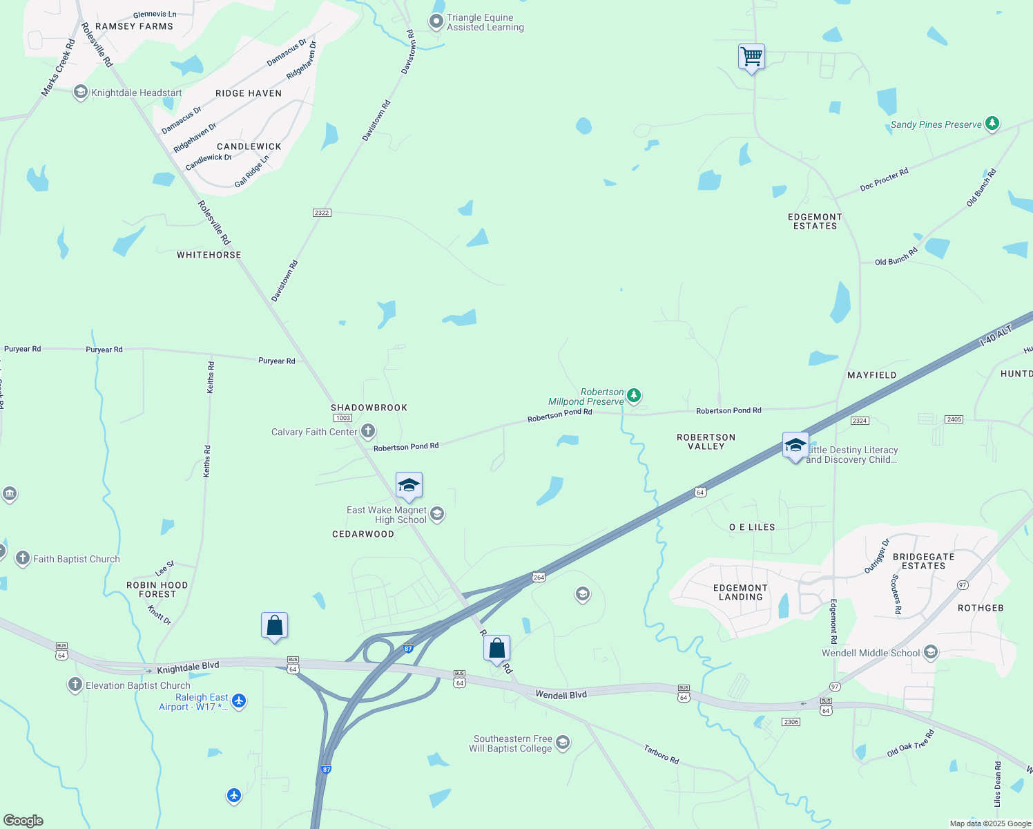 map of restaurants, bars, coffee shops, grocery stores, and more near 6213 Robertson Pond Road in Wendell