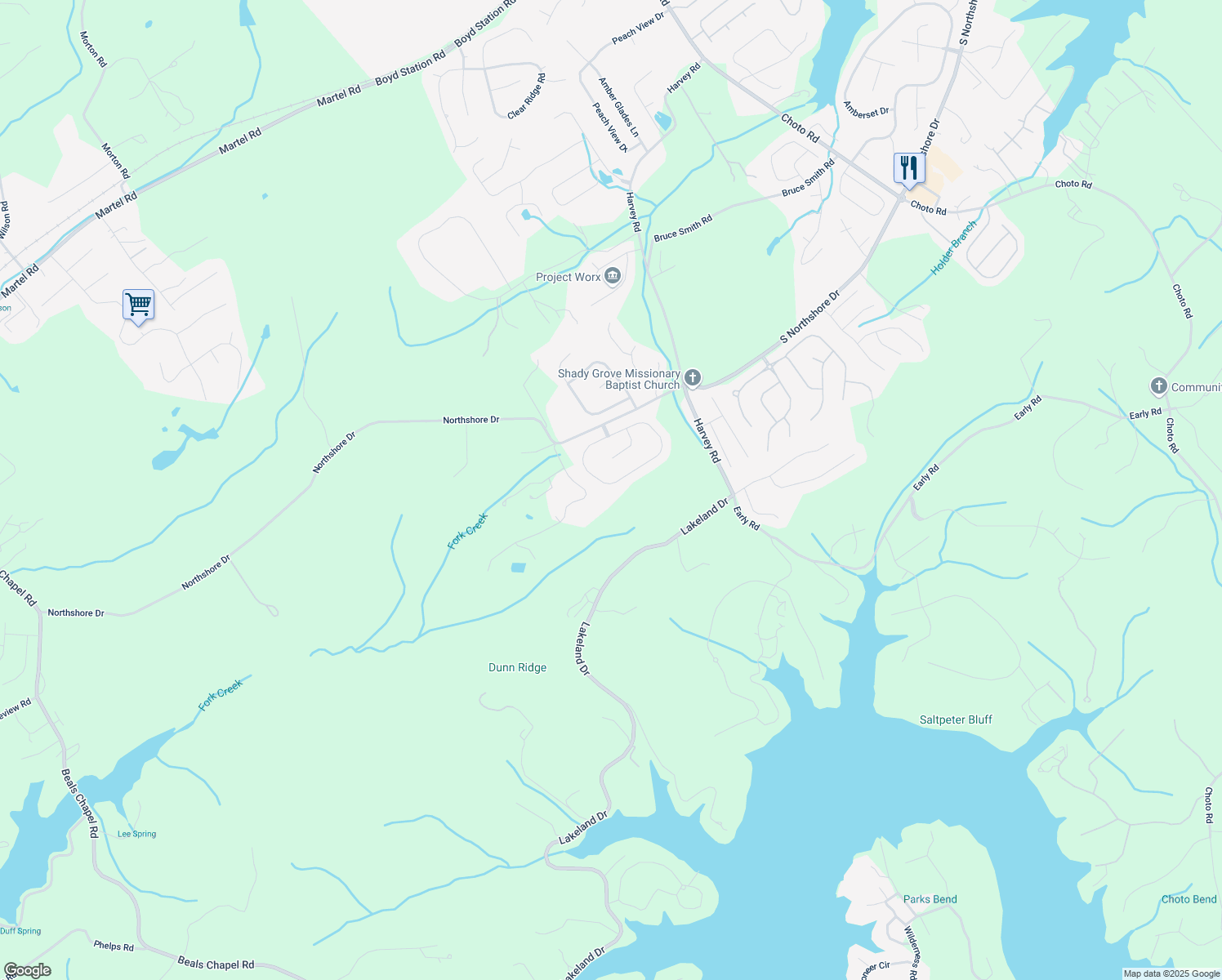 map of restaurants, bars, coffee shops, grocery stores, and more near 1200 Clearmill Drive in Lenoir City