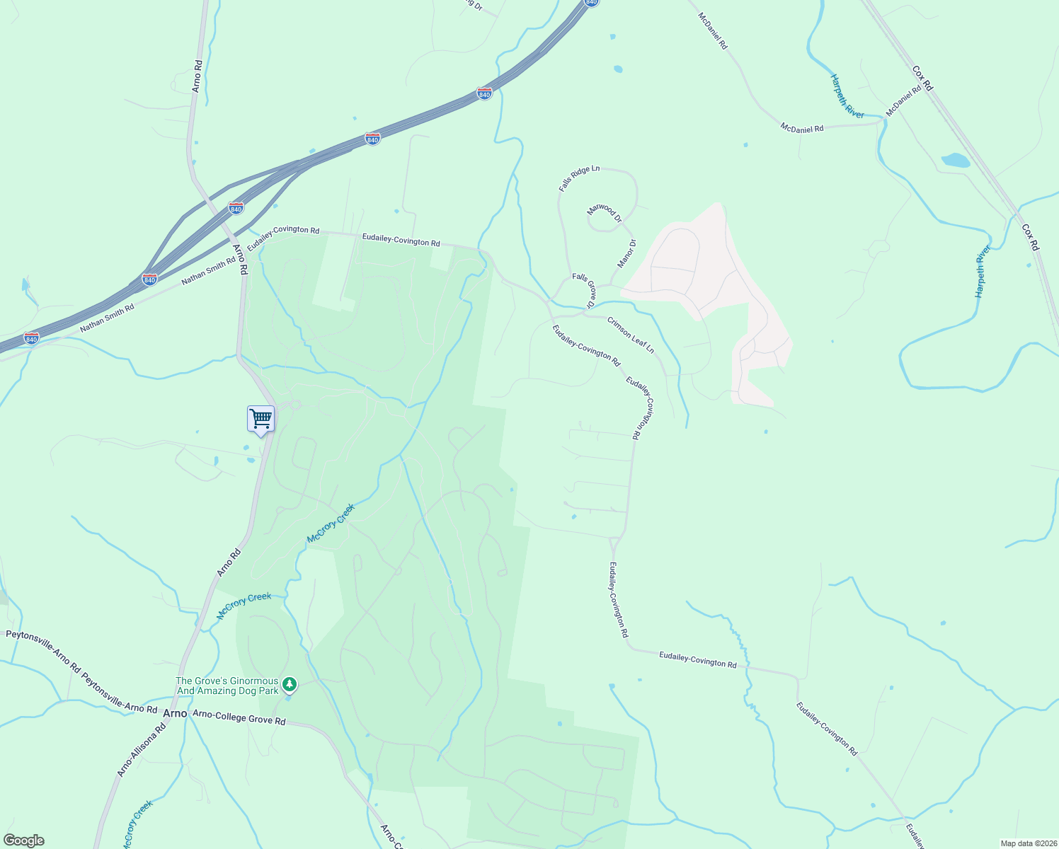 map of restaurants, bars, coffee shops, grocery stores, and more near 6525 Eudailey-Covington Road in College Grove