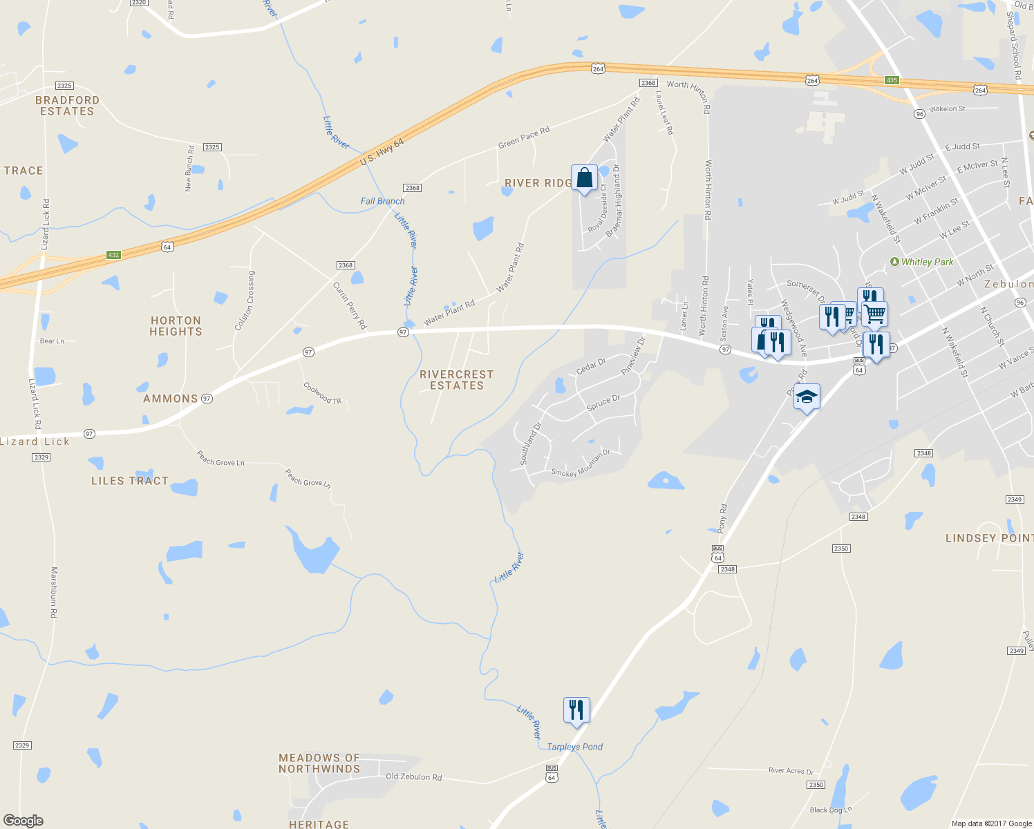 map of restaurants, bars, coffee shops, grocery stores, and more near 220 Dulcimer Lane in Zebulon