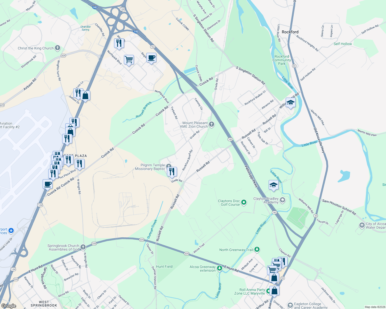 map of restaurants, bars, coffee shops, grocery stores, and more near 3508 Rockford Boyd Road in Rockford