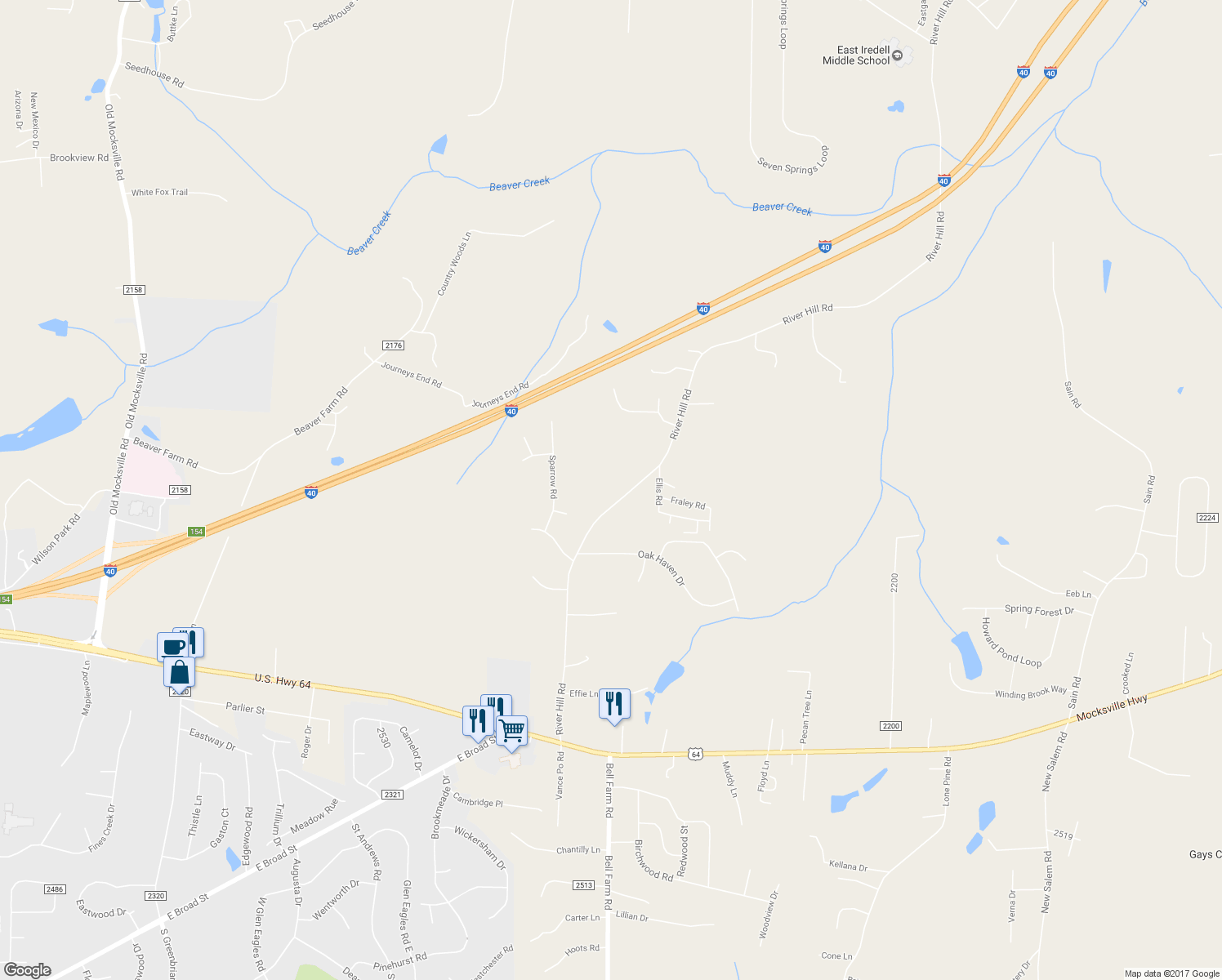 map of restaurants, bars, coffee shops, grocery stores, and more near 293 River Hill Road in Statesville