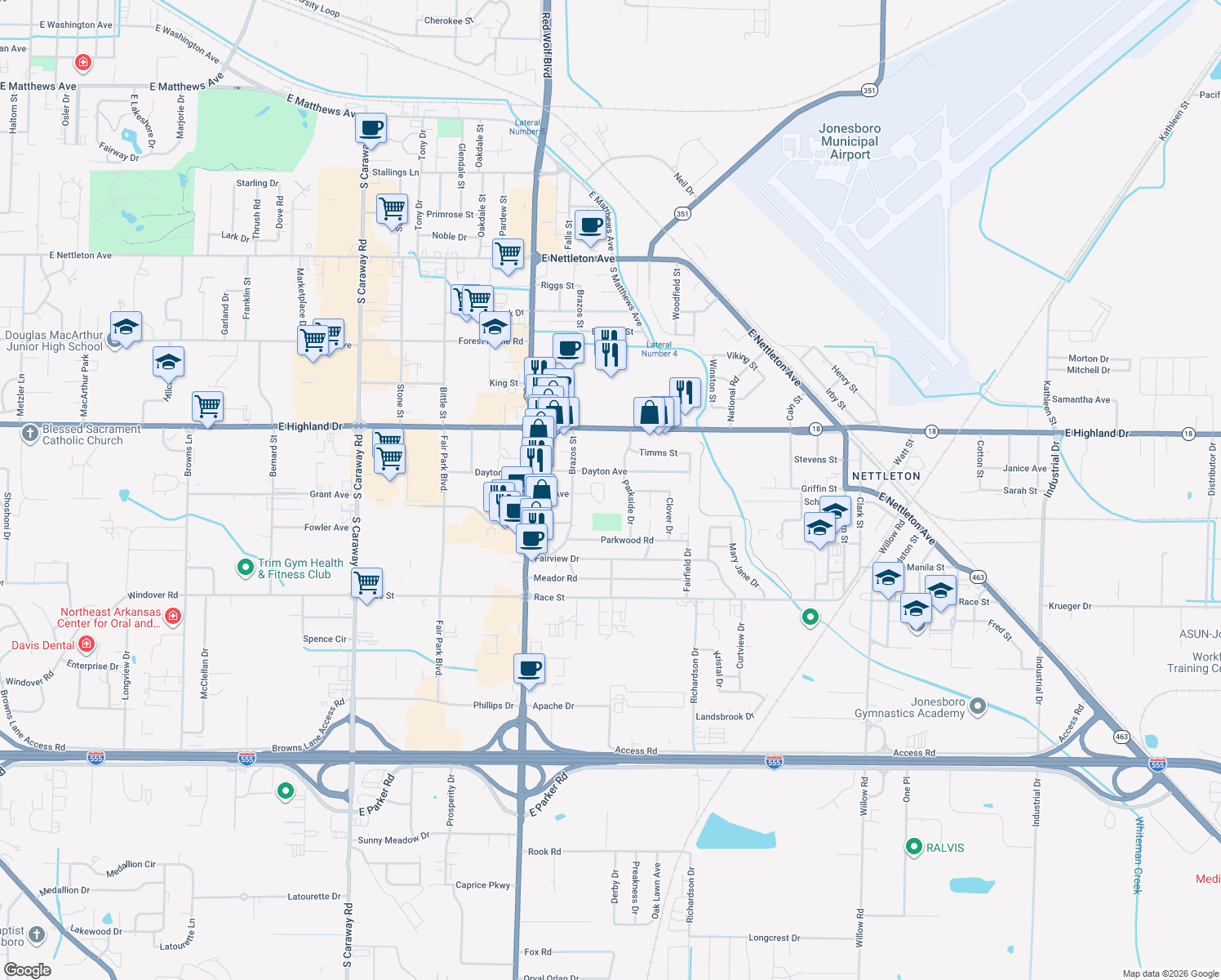 map of restaurants, bars, coffee shops, grocery stores, and more near 2114 Sun Cir in Jonesboro
