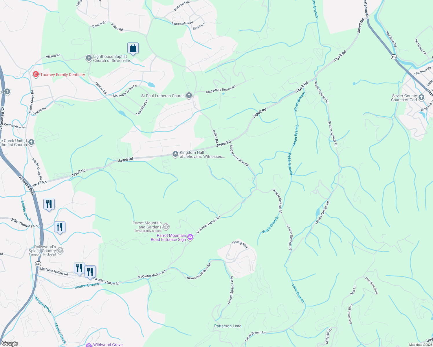 map of restaurants, bars, coffee shops, grocery stores, and more near 1356 Jayell Road in Sevierville