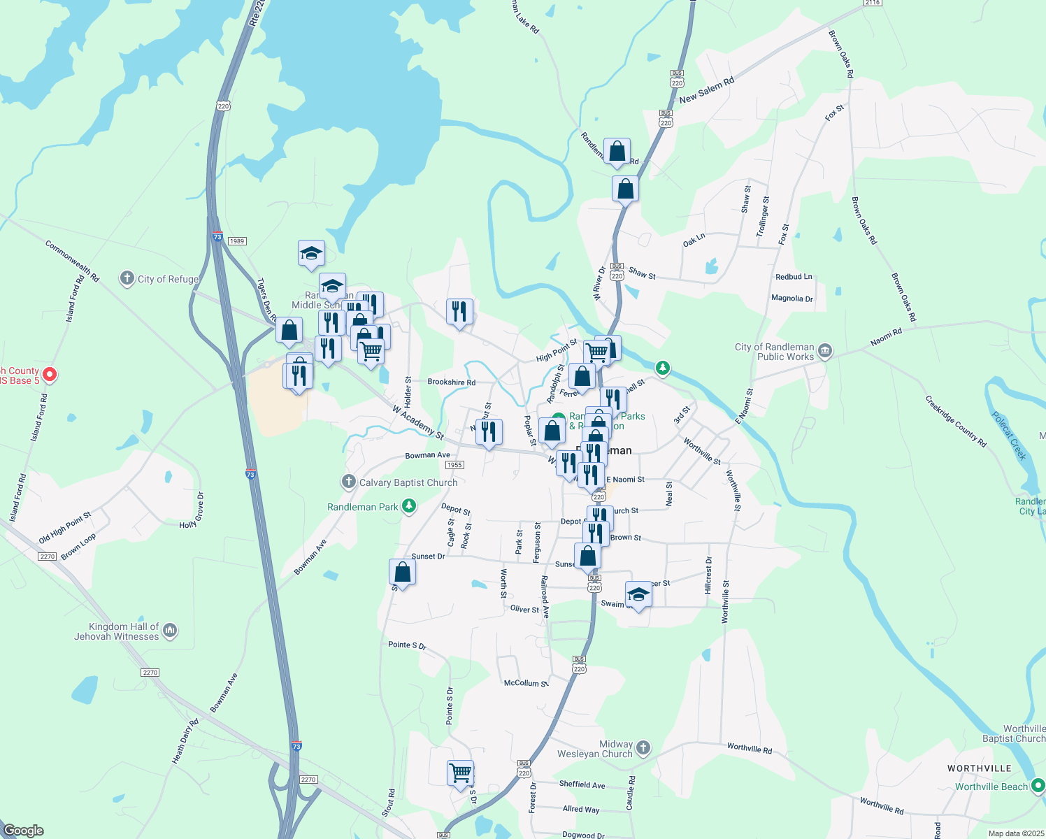map of restaurants, bars, coffee shops, grocery stores, and more near 121 Poplar Street in Randleman