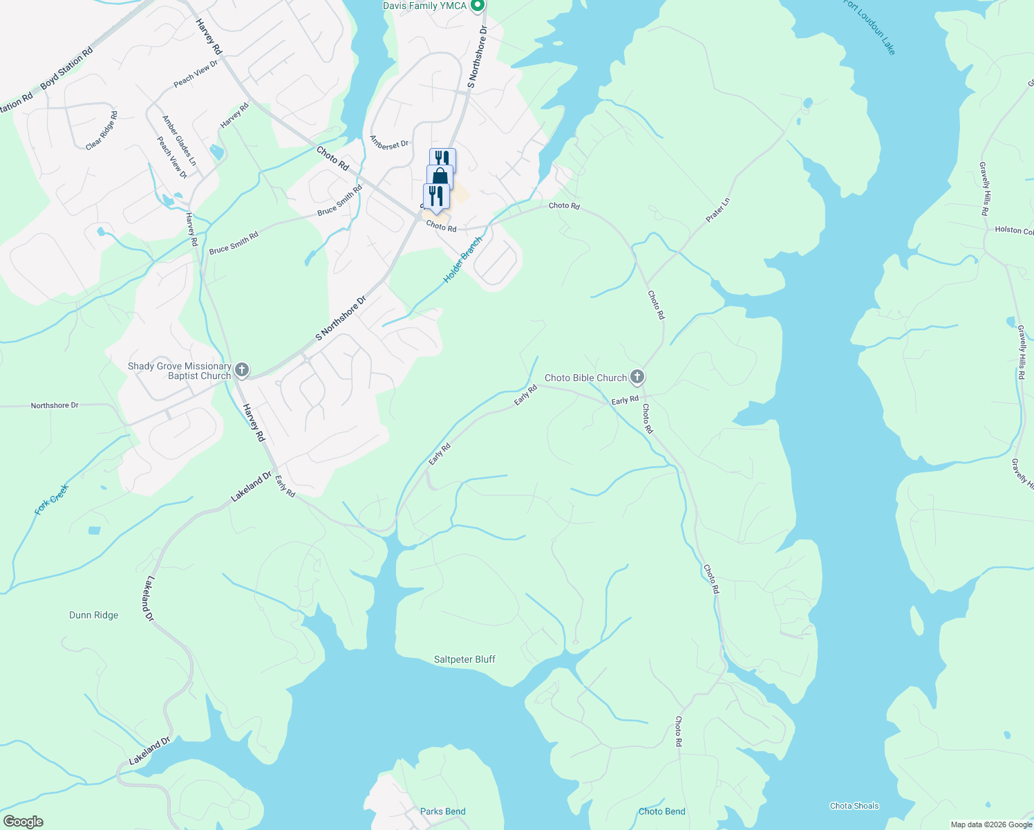 map of restaurants, bars, coffee shops, grocery stores, and more near 12448 Early Road in Knoxville