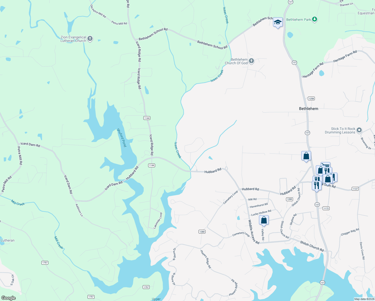 map of restaurants, bars, coffee shops, grocery stores, and more near 56 Westwinds Drive in Hickory