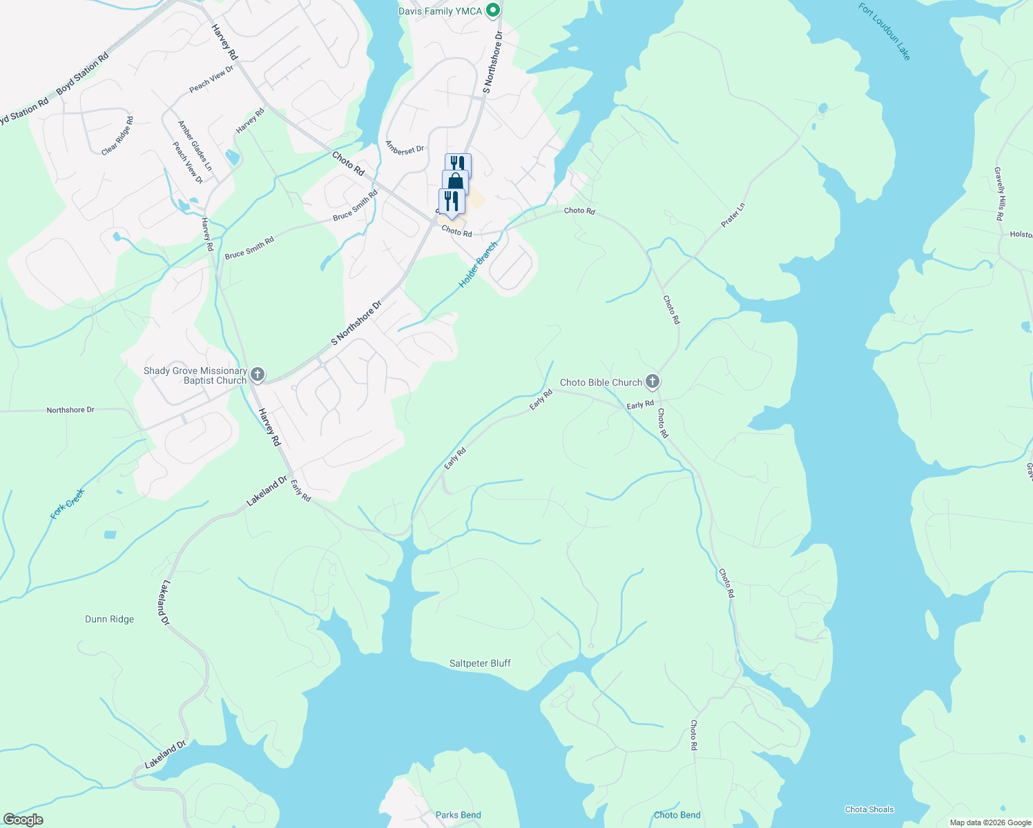 map of restaurants, bars, coffee shops, grocery stores, and more near 12448 Early Road in Knoxville