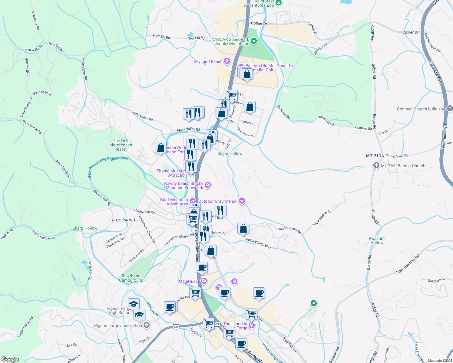 map of restaurants, bars, coffee shops, grocery stores, and more near 2349 Scenic Loop Rd in Pigeon Forge