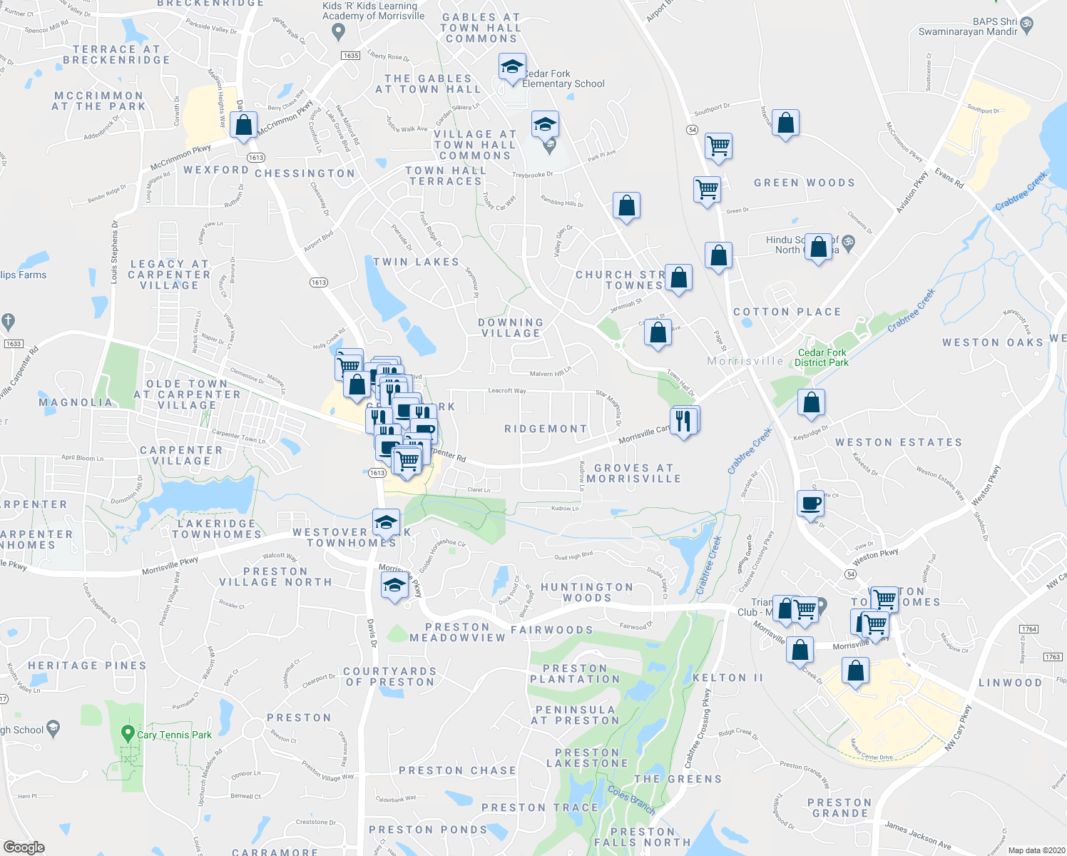 map of restaurants, bars, coffee shops, grocery stores, and more near 105 Hewitt Court in Morrisville