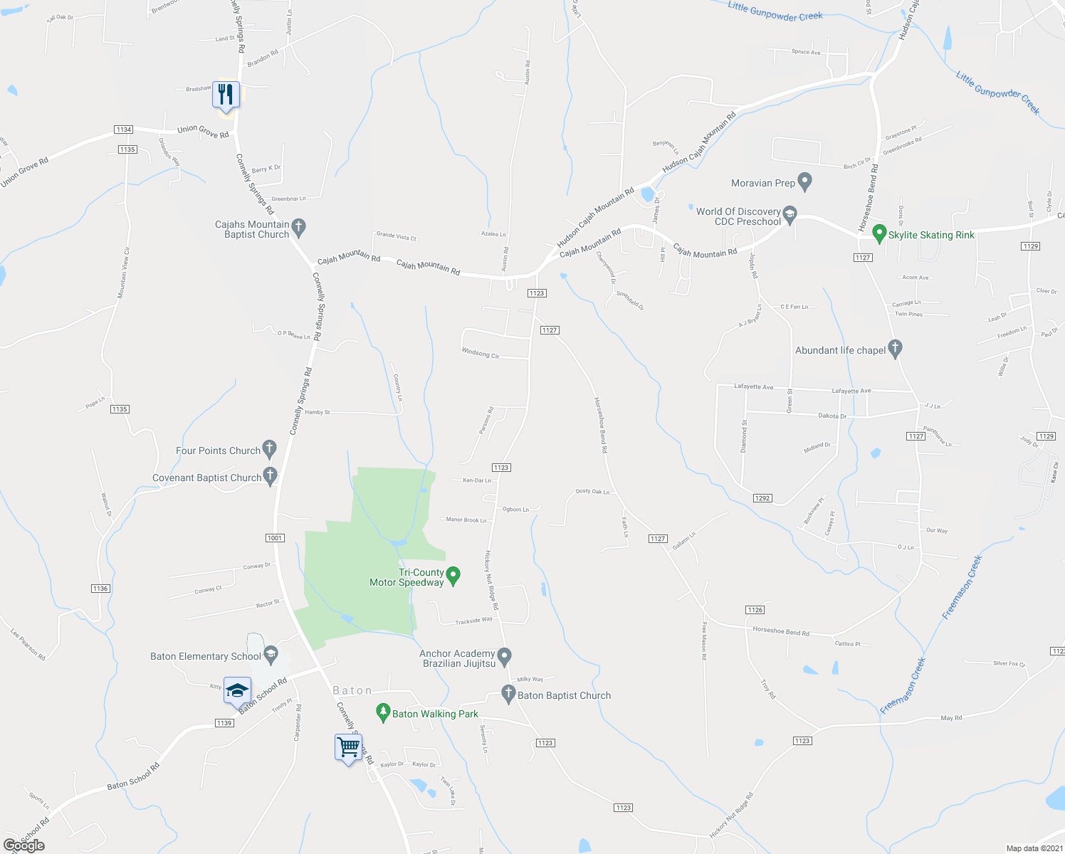 map of restaurants, bars, coffee shops, grocery stores, and more near 4236 Hickory Nut Ridge Rd in Hudson