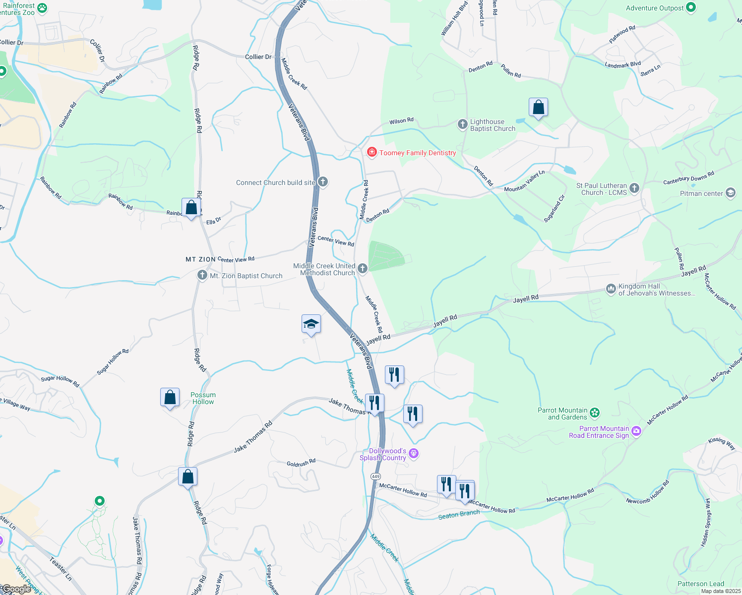 map of restaurants, bars, coffee shops, grocery stores, and more near 1856 Middle Creek Road in Pigeon Forge