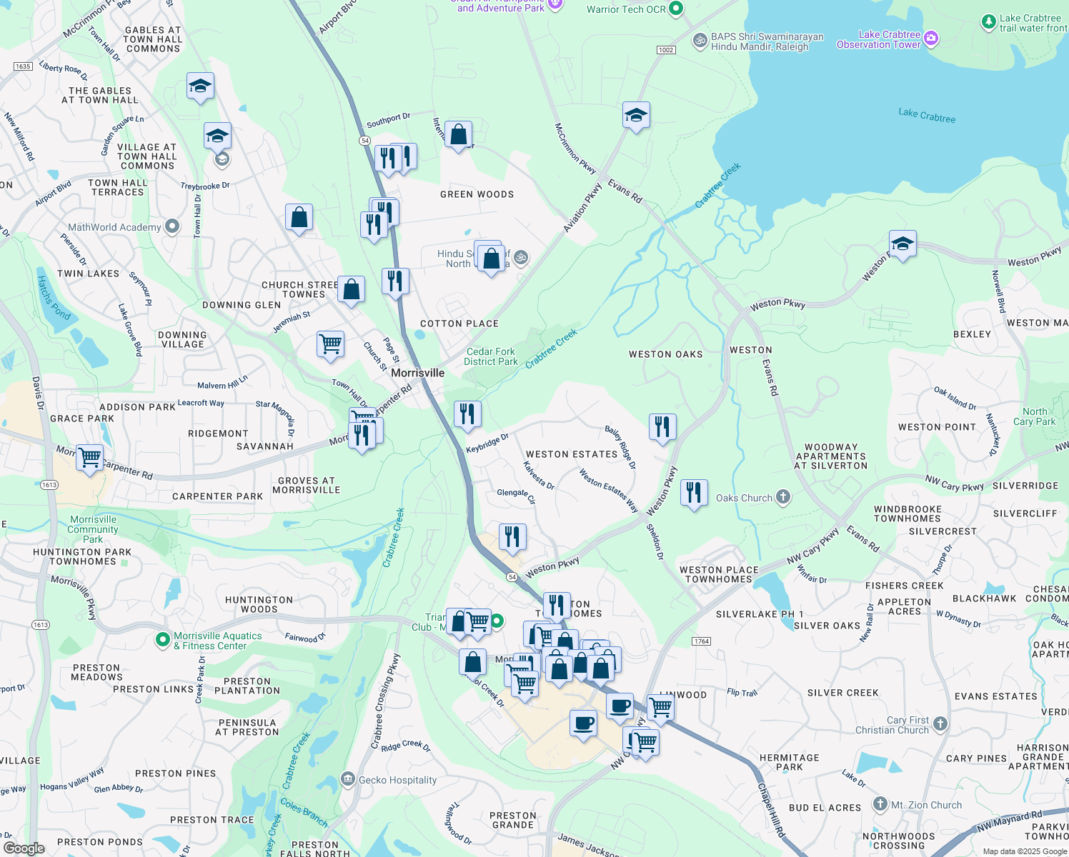 map of restaurants, bars, coffee shops, grocery stores, and more near 100 Bending Branch Court in Morrisville