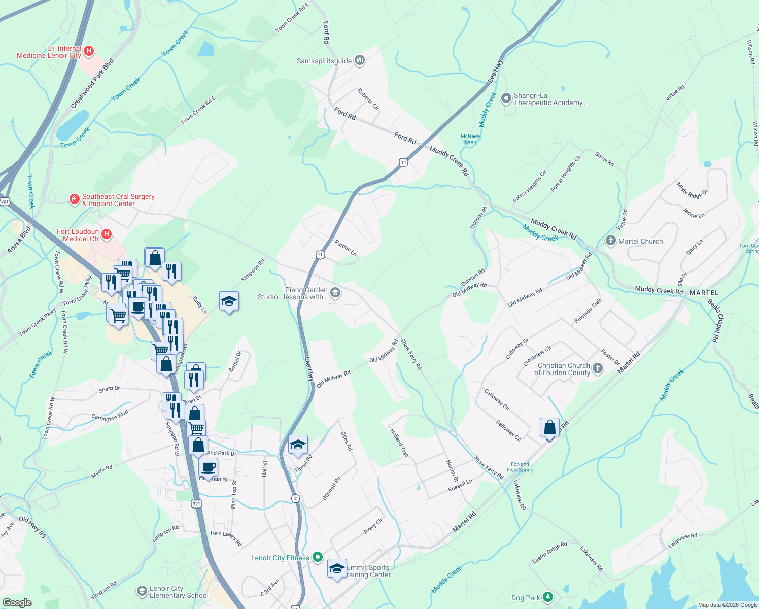 map of restaurants, bars, coffee shops, grocery stores, and more near 120 Shaw Ferry Lane in Lenoir City