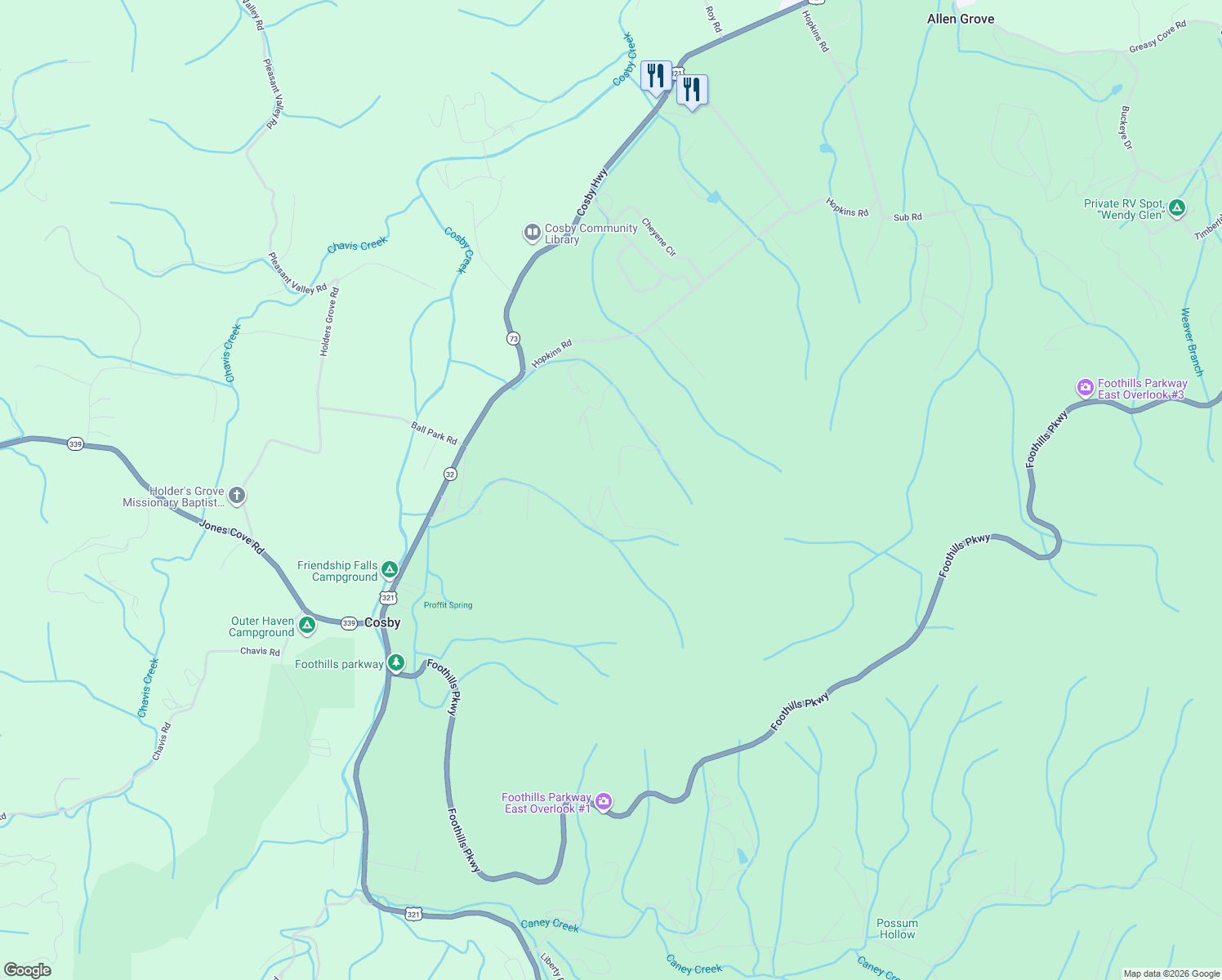 map of restaurants, bars, coffee shops, grocery stores, and more near 3474 Grand Country Drive in Cosby
