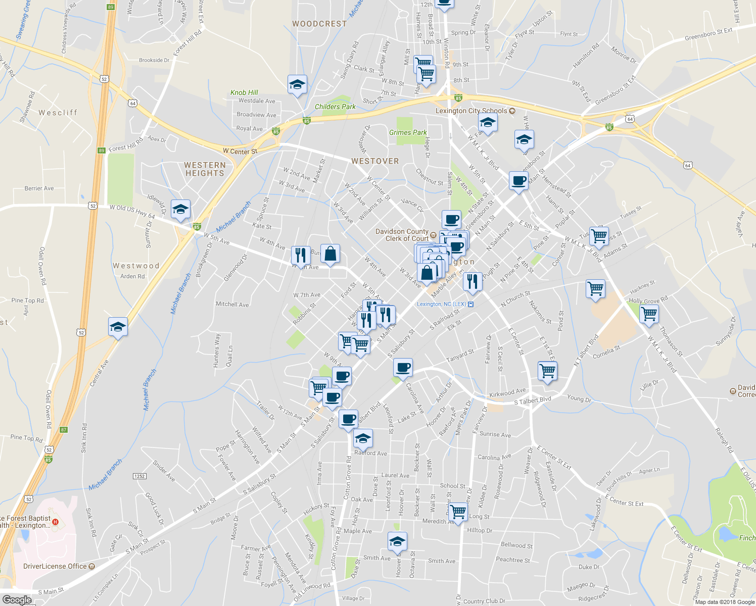 map of restaurants, bars, coffee shops, grocery stores, and more near 105 West 5th Avenue in Lexington