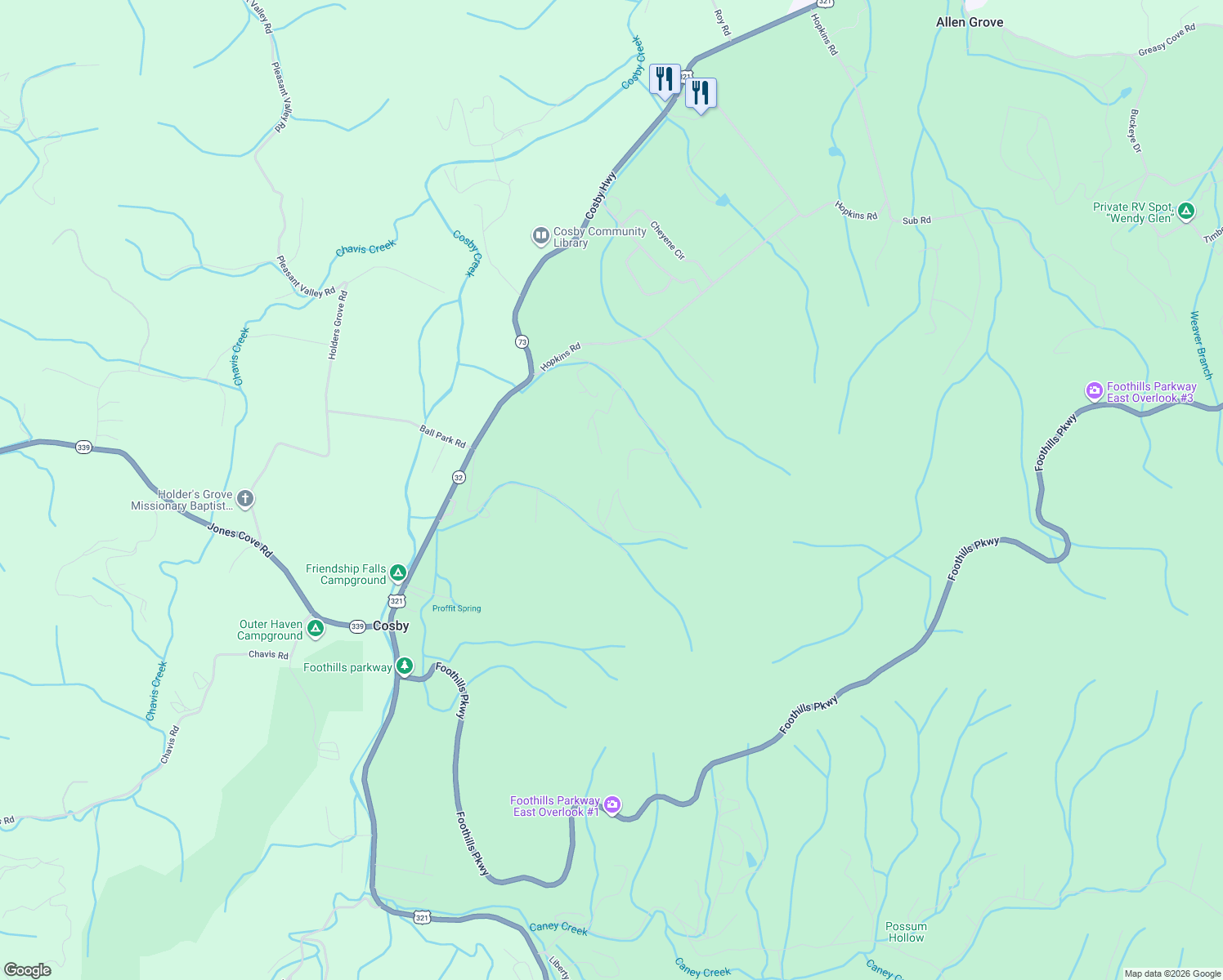 map of restaurants, bars, coffee shops, grocery stores, and more near 3474 Grand Country Drive in Cosby