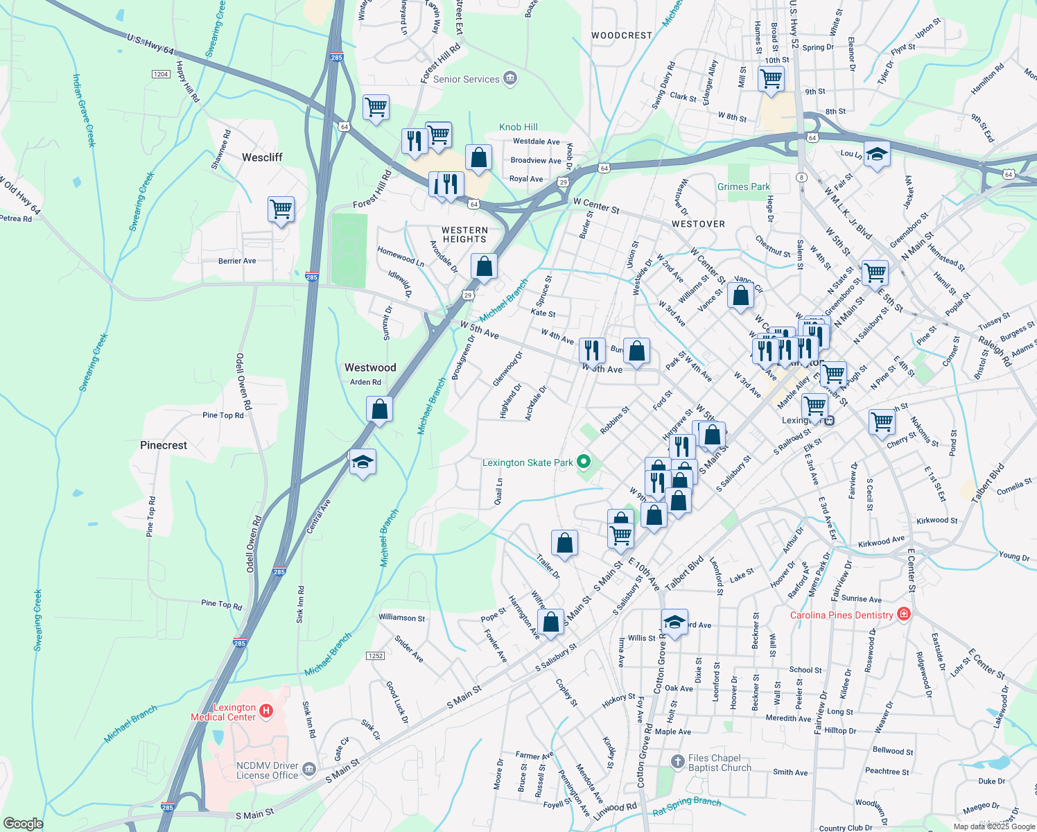 map of restaurants, bars, coffee shops, grocery stores, and more near 802 Mitchell Avenue in Lexington