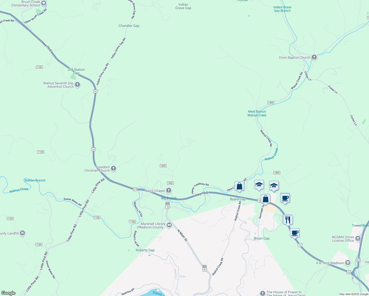 map of restaurants, bars, coffee shops, grocery stores, and more near 46 Generation Park Drive in Marshall