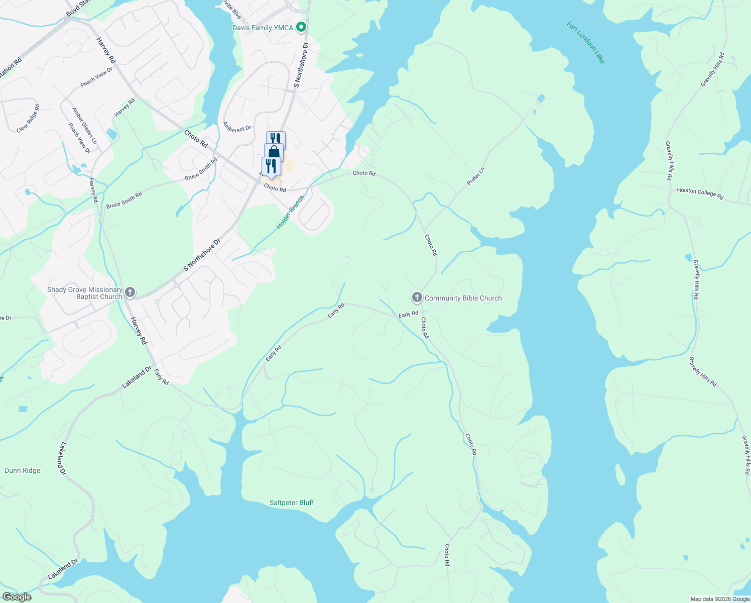 map of restaurants, bars, coffee shops, grocery stores, and more near 12405 Early Road in Knoxville