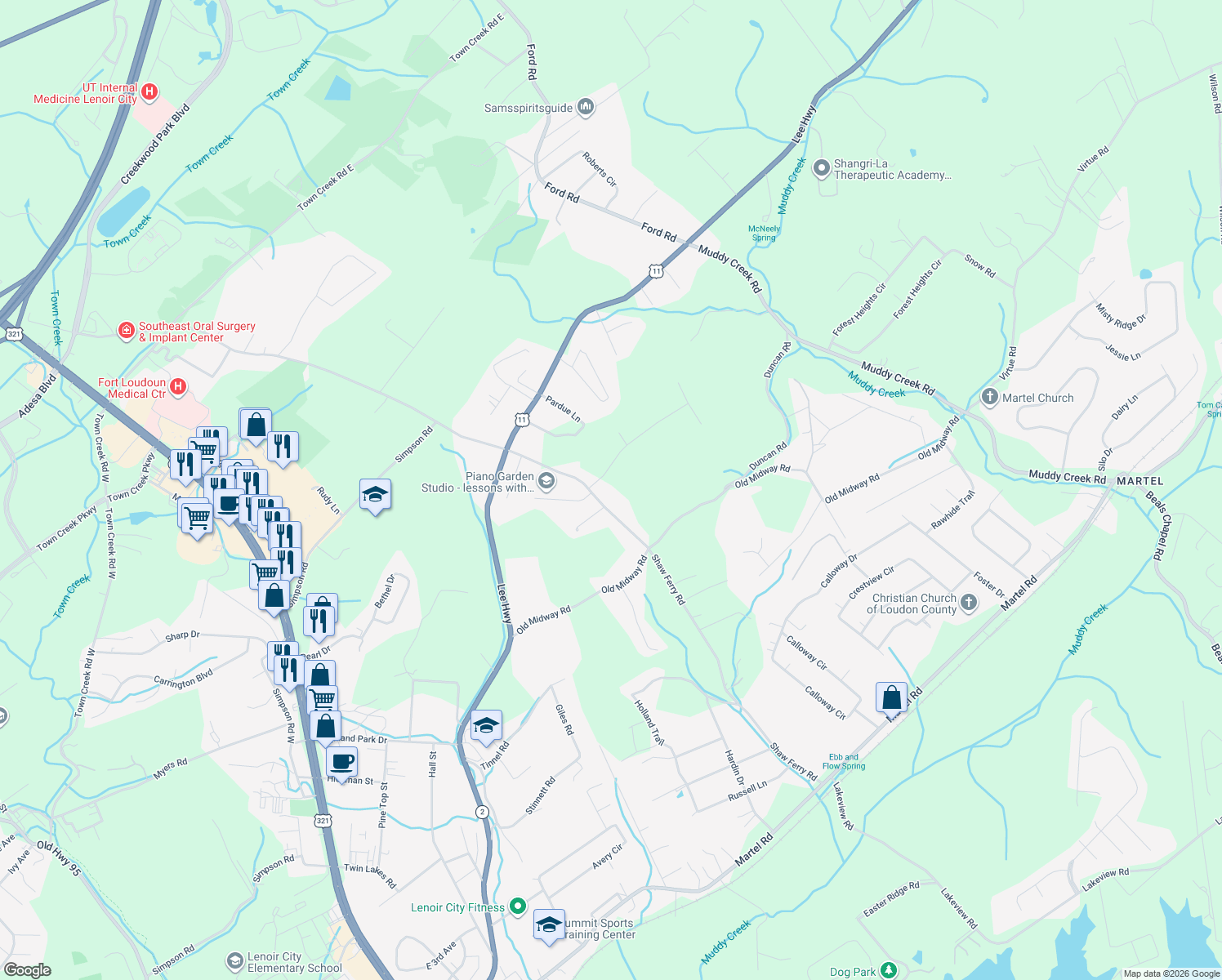 map of restaurants, bars, coffee shops, grocery stores, and more near 120 Shaw Ferry Lane in Lenoir City