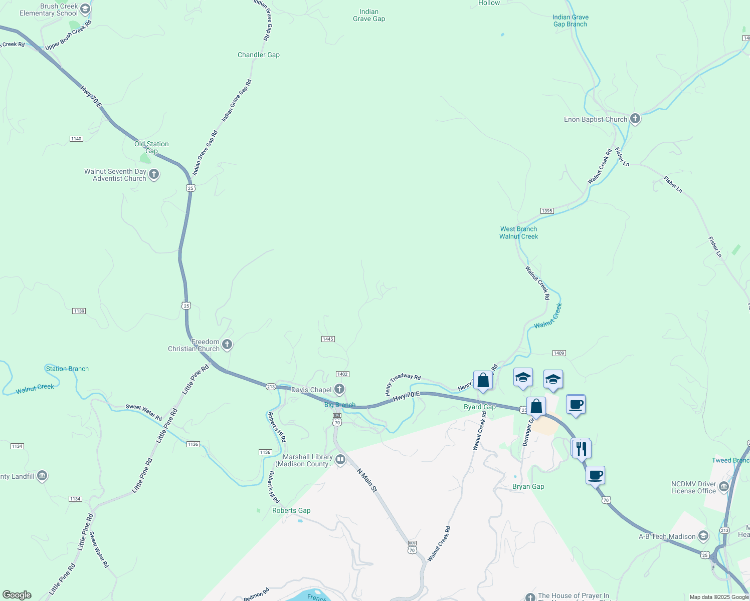 map of restaurants, bars, coffee shops, grocery stores, and more near 46 Generation Park Drive in Marshall