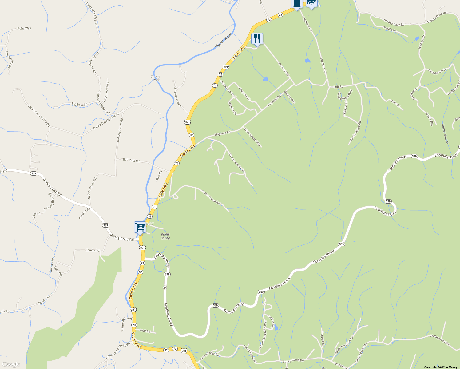 map of restaurants, bars, coffee shops, grocery stores, and more near 3474 Grand Country Dr in Cosby