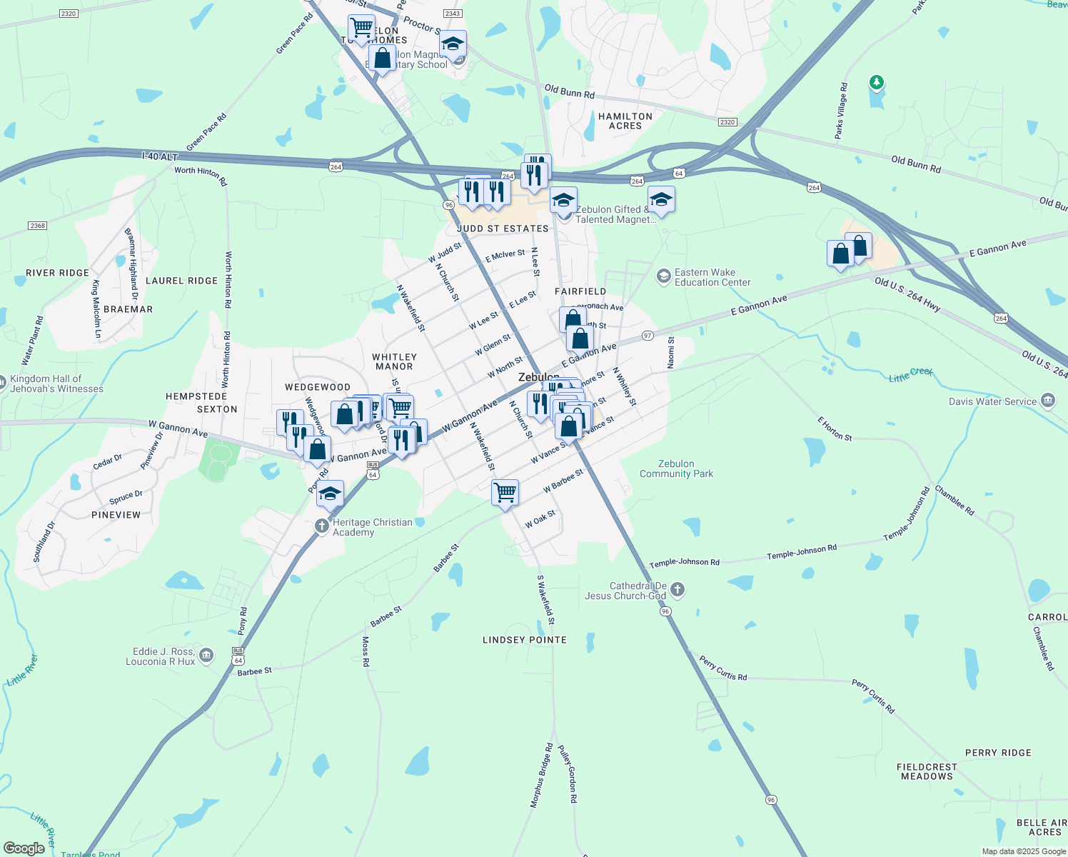 map of restaurants, bars, coffee shops, grocery stores, and more near 118 West Horton Street in Zebulon