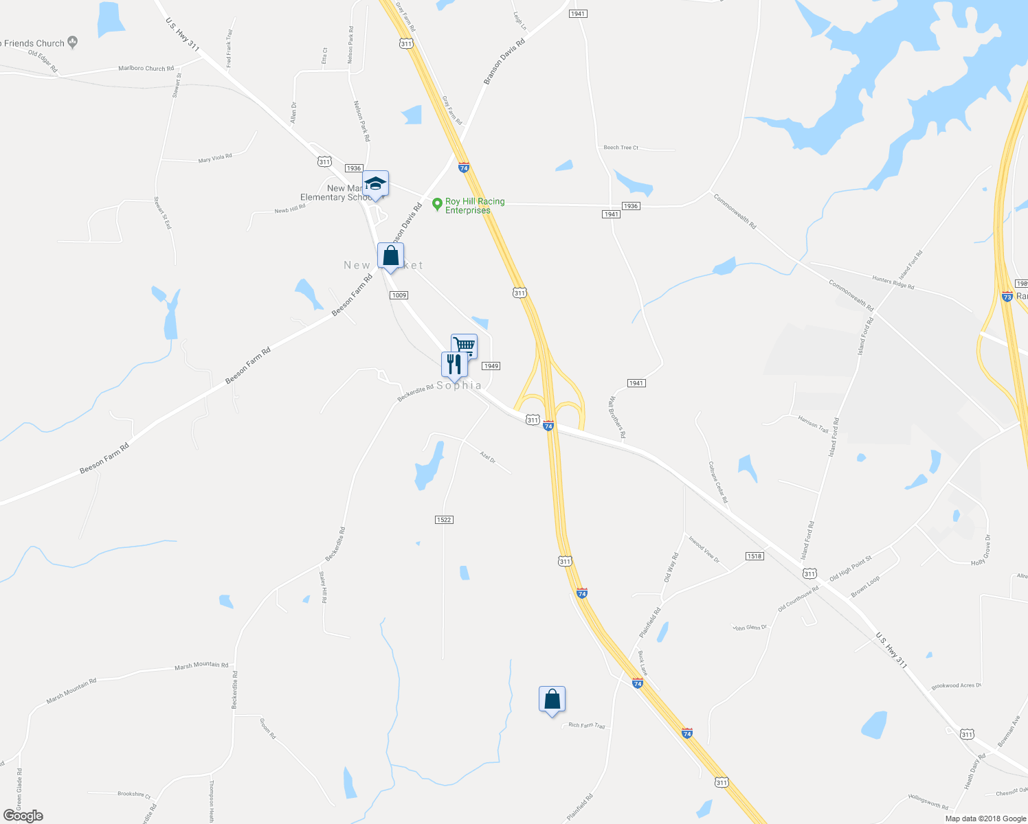 map of restaurants, bars, coffee shops, grocery stores, and more near 6820 U.S. 311 in Sophia