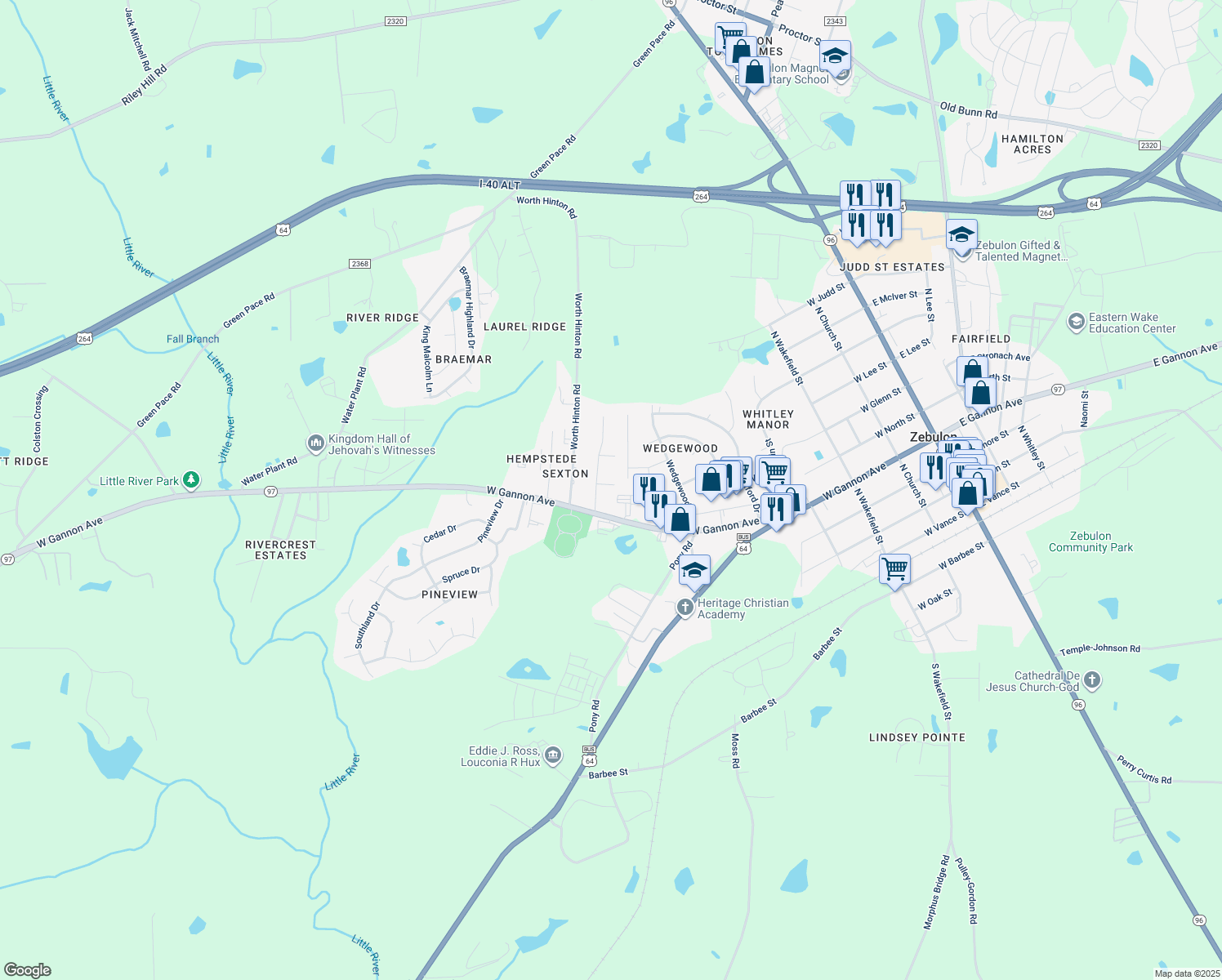 map of restaurants, bars, coffee shops, grocery stores, and more near 719 West Gordon Street in Zebulon