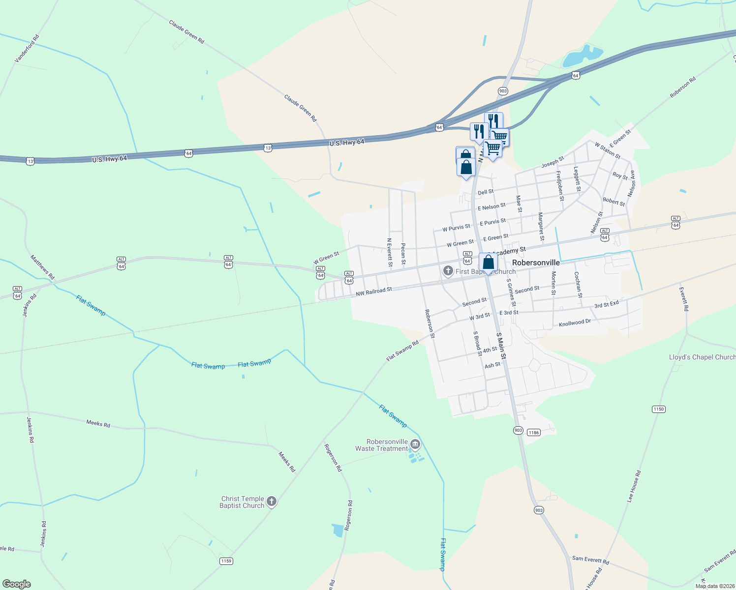 map of restaurants, bars, coffee shops, grocery stores, and more near 401-499 Southwest Railroad Street in Robersonville