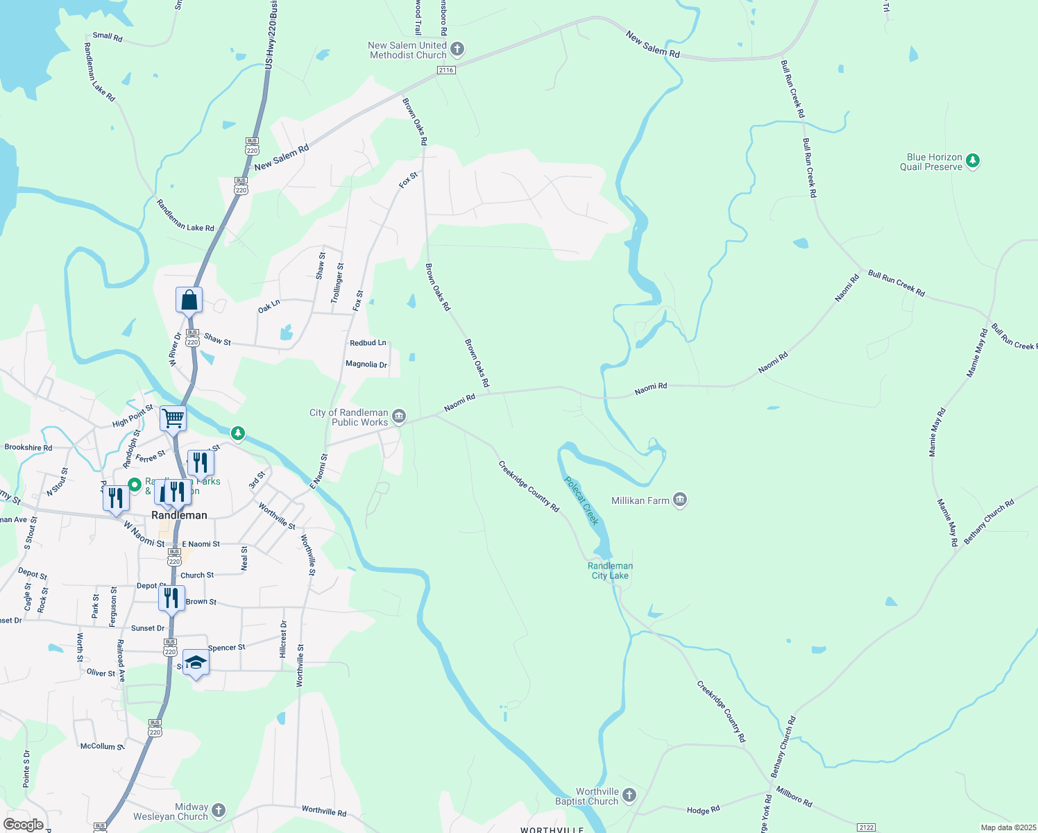 map of restaurants, bars, coffee shops, grocery stores, and more near 3846 Lou Myers Lane in Randleman