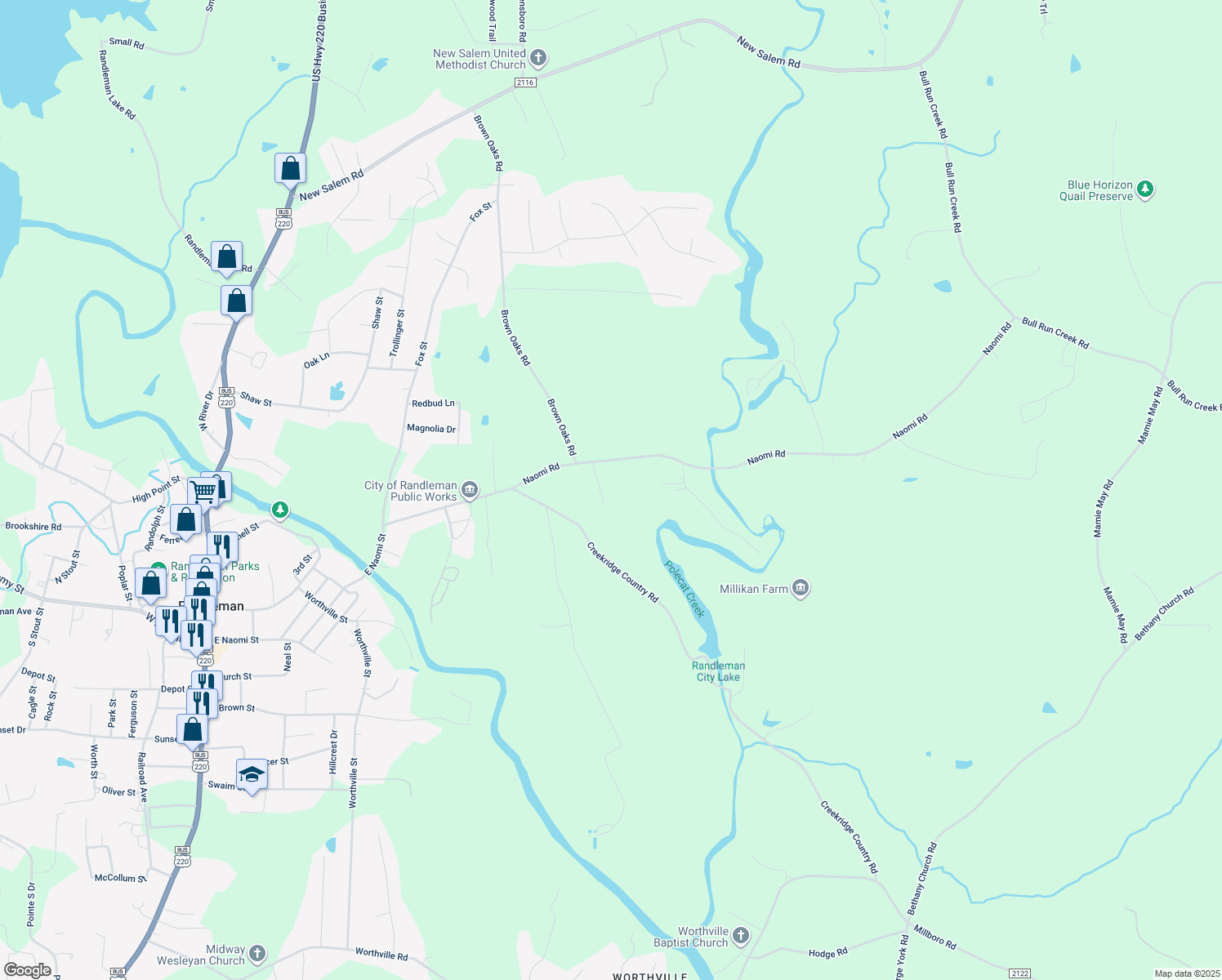 map of restaurants, bars, coffee shops, grocery stores, and more near 3846 Lou Myers Lane in Randleman