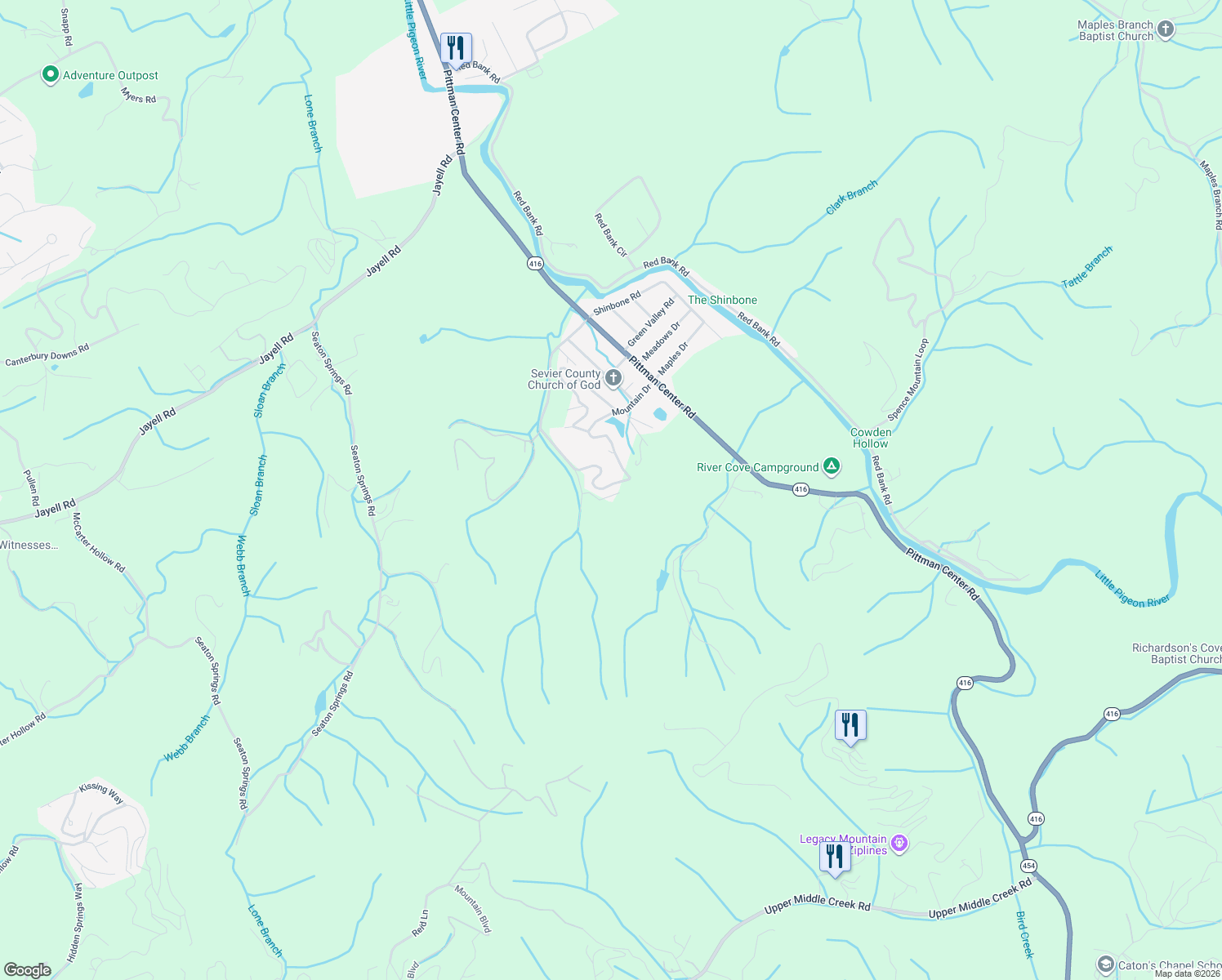 map of restaurants, bars, coffee shops, grocery stores, and more near 1608 Mitchell Farm Road in Pigeon Forge