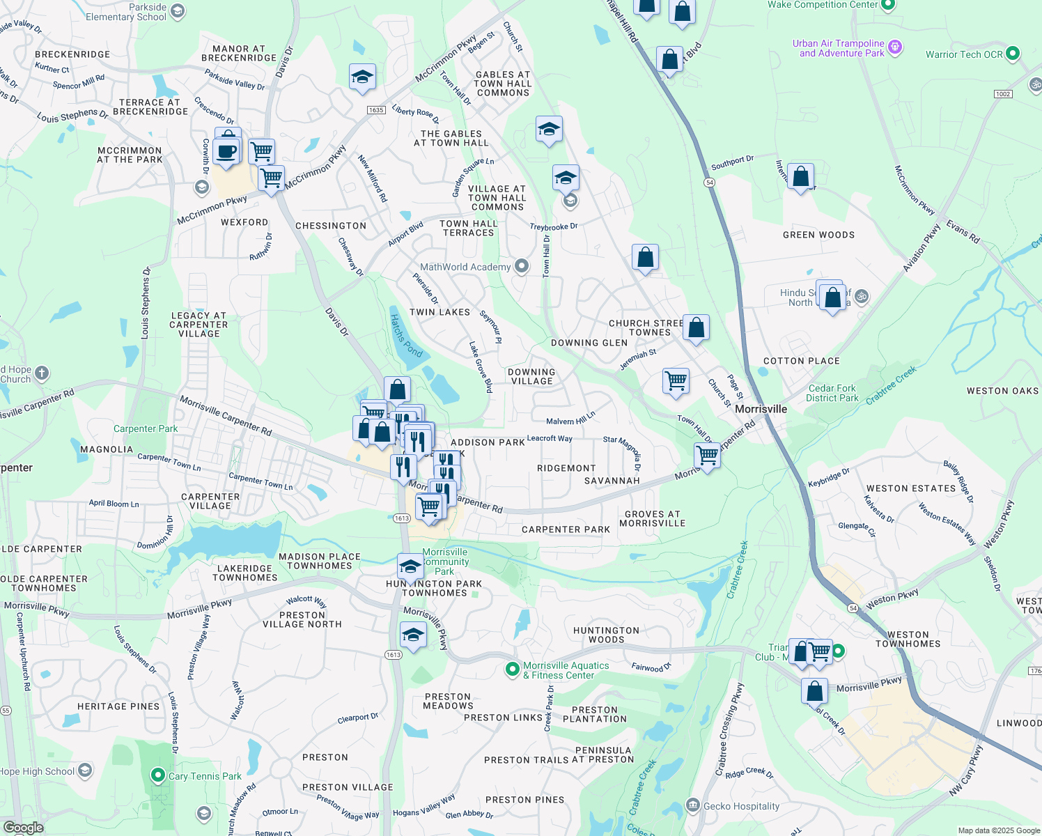 map of restaurants, bars, coffee shops, grocery stores, and more near 251 Hampshire Downs Drive in Morrisville