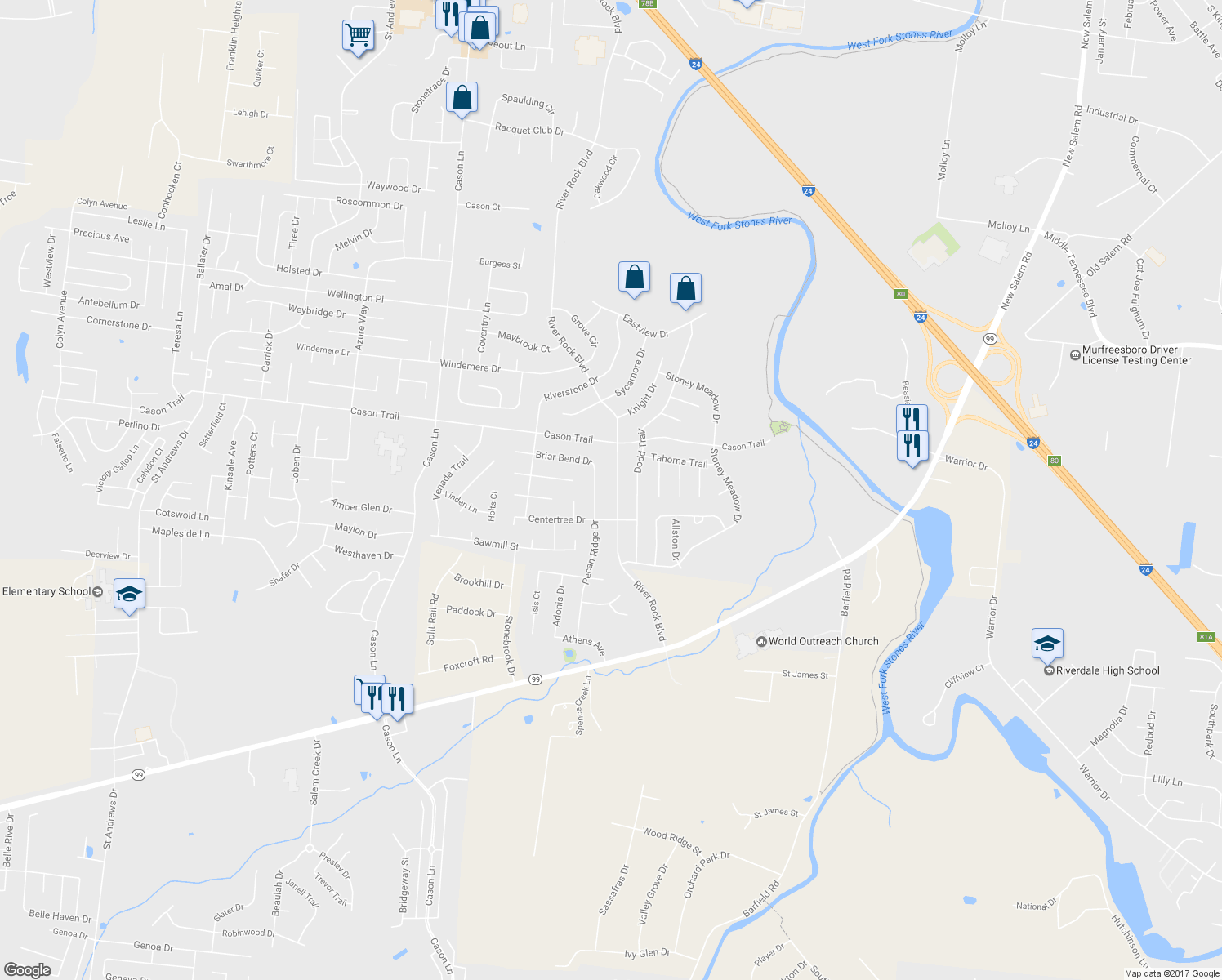 map of restaurants, bars, coffee shops, grocery stores, and more near 1426 River Rock Boulevard in Murfreesboro