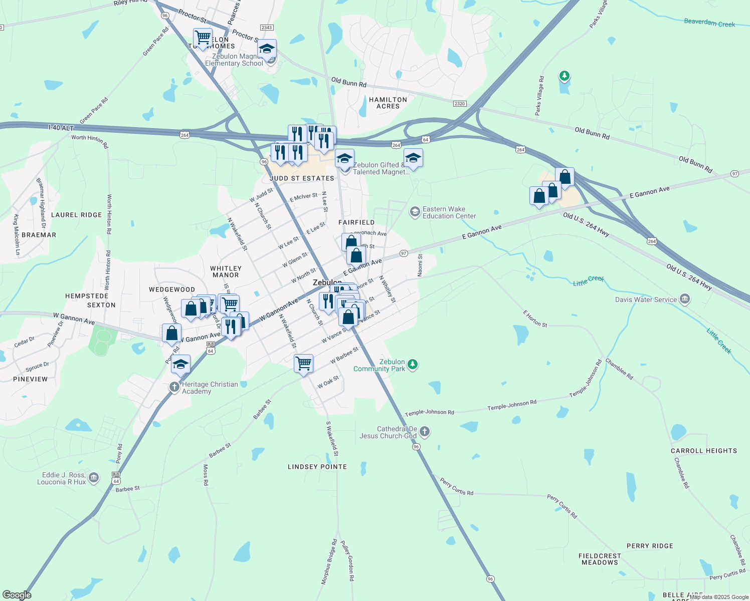 map of restaurants, bars, coffee shops, grocery stores, and more near 202 East Horton Street in Zebulon