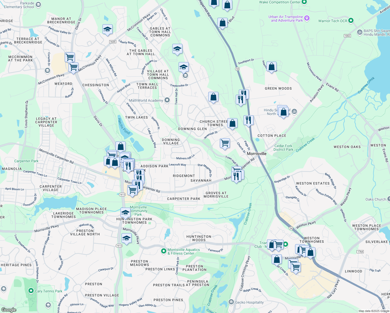 map of restaurants, bars, coffee shops, grocery stores, and more near 117 Malvern Hill Lane in Morrisville