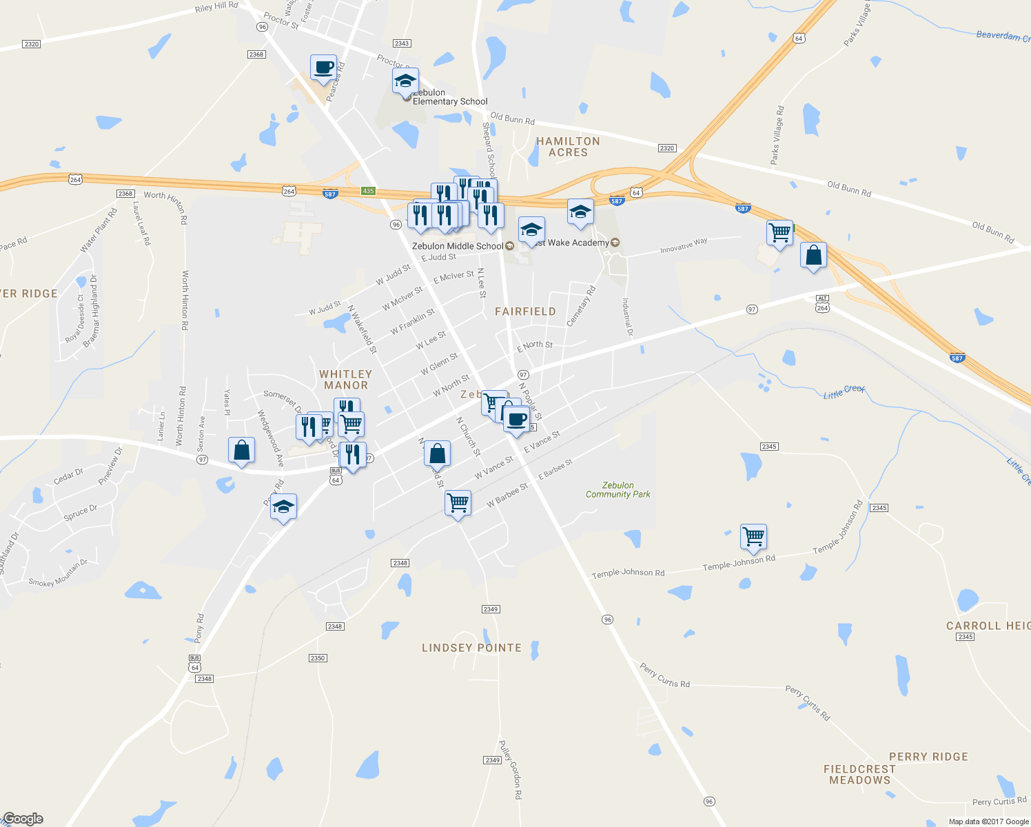 map of restaurants, bars, coffee shops, grocery stores, and more near 104 East Sycamore Street in Zebulon