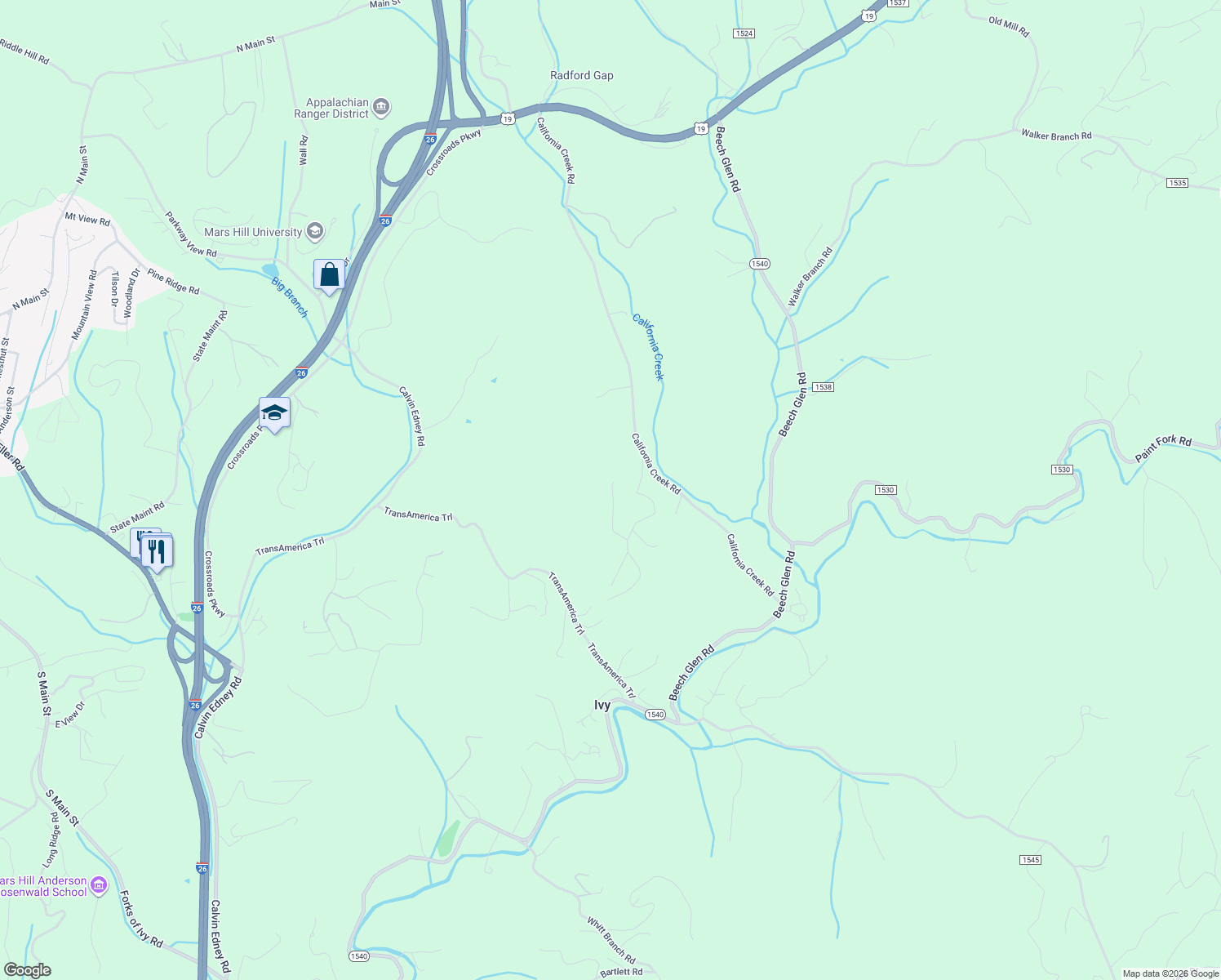 map of restaurants, bars, coffee shops, grocery stores, and more near 135 Brancer Dr in Mars Hill