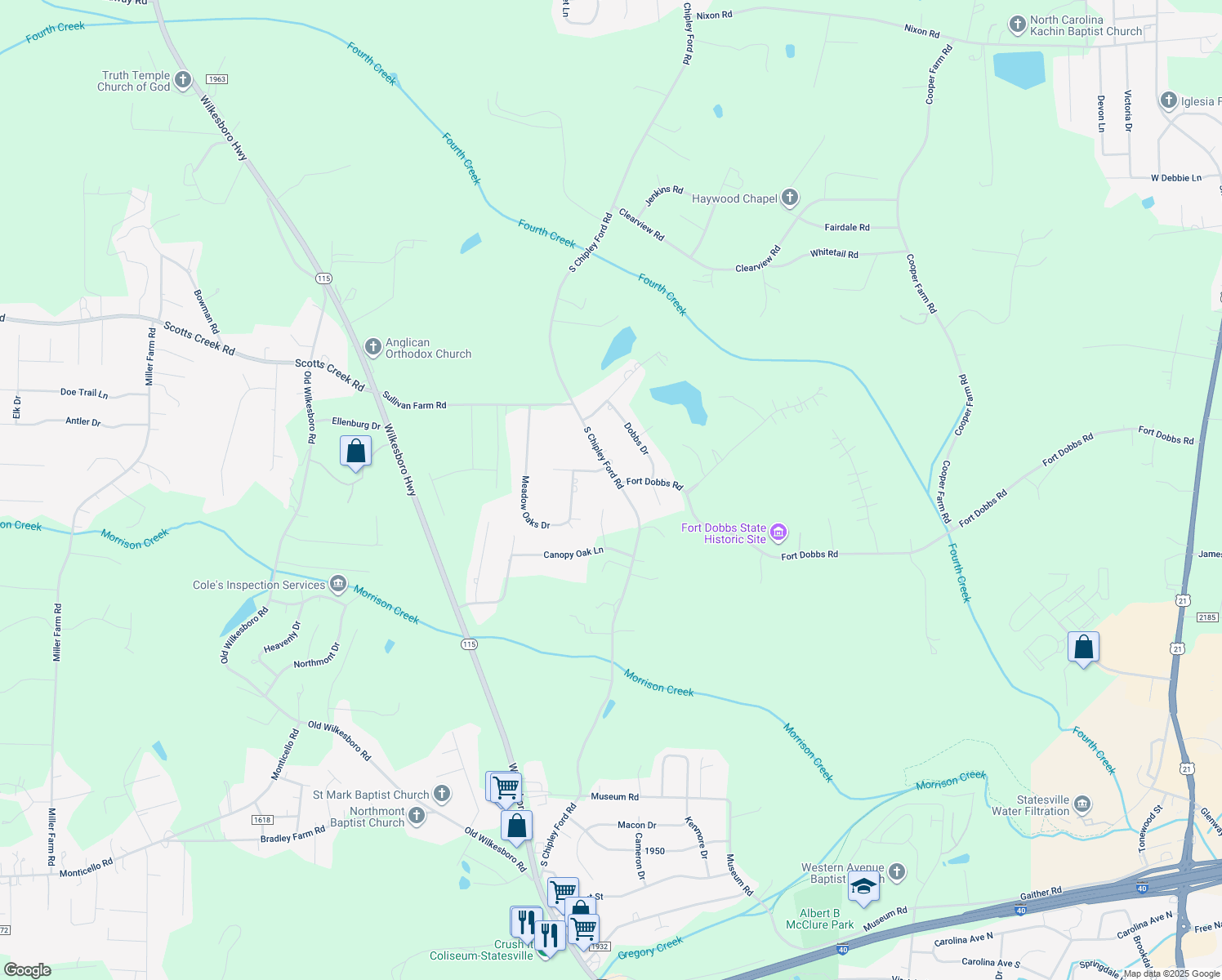 map of restaurants, bars, coffee shops, grocery stores, and more near 2149 South Chipley Ford Road in Statesville