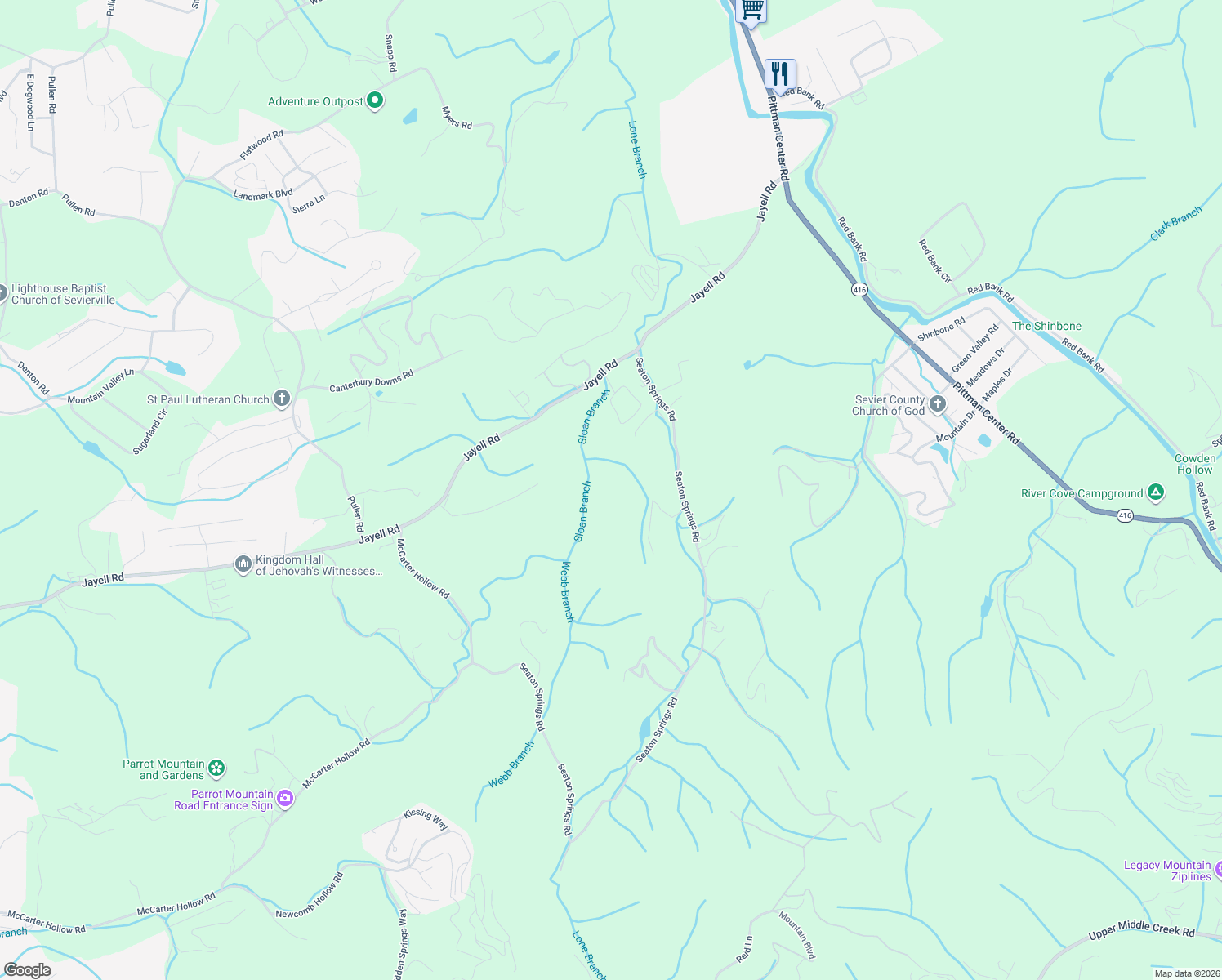 map of restaurants, bars, coffee shops, grocery stores, and more near 2619 Seaton Springs Road in Sevierville