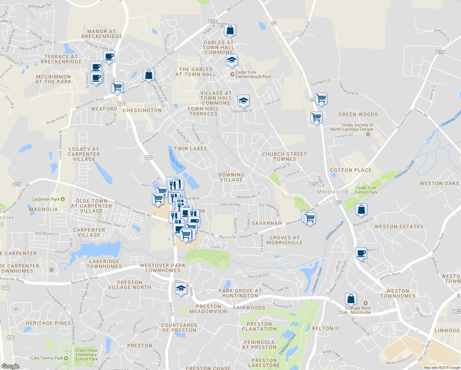 map of restaurants, bars, coffee shops, grocery stores, and more near 948 Shining Wire Way in Morrisville