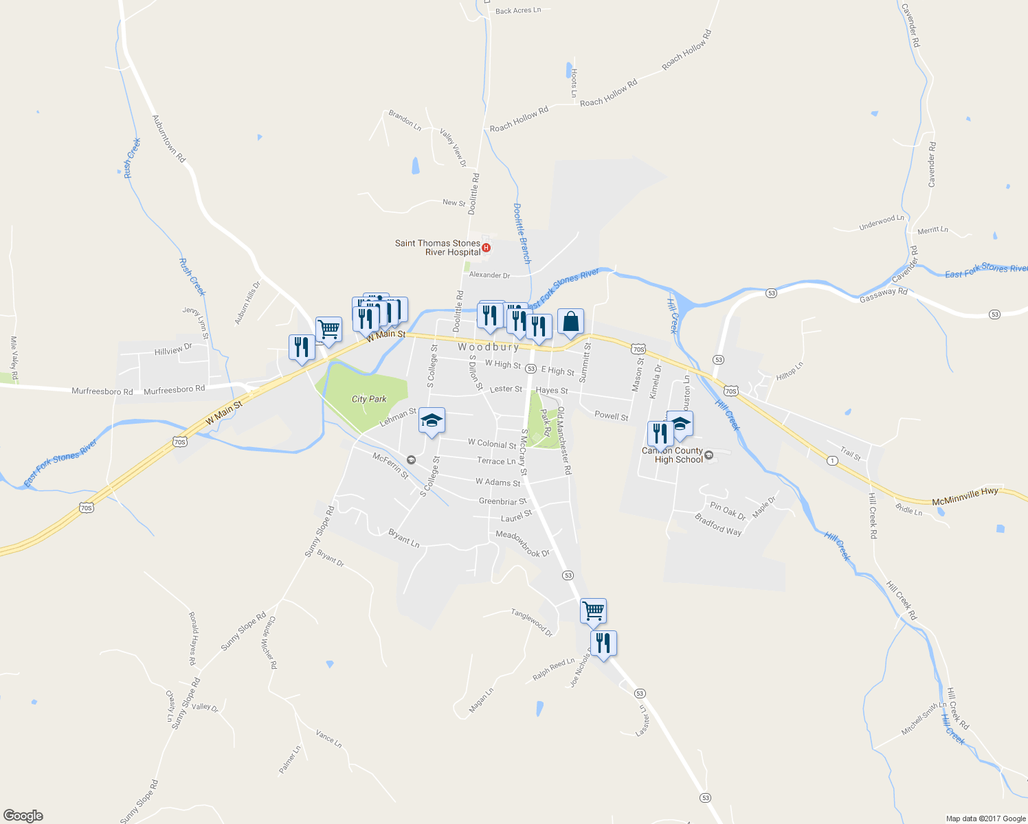 map of restaurants, bars, coffee shops, grocery stores, and more near 104 Lehman Street in Woodbury