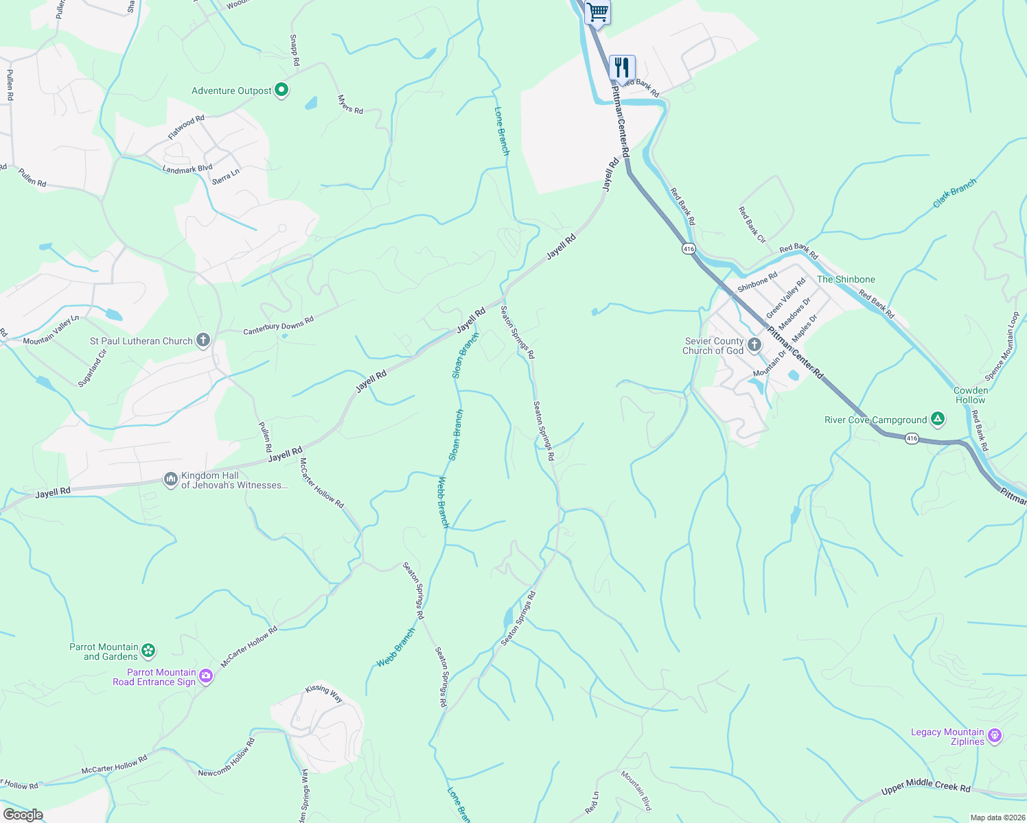 map of restaurants, bars, coffee shops, grocery stores, and more near 2619 Seaton Springs Road in Sevierville