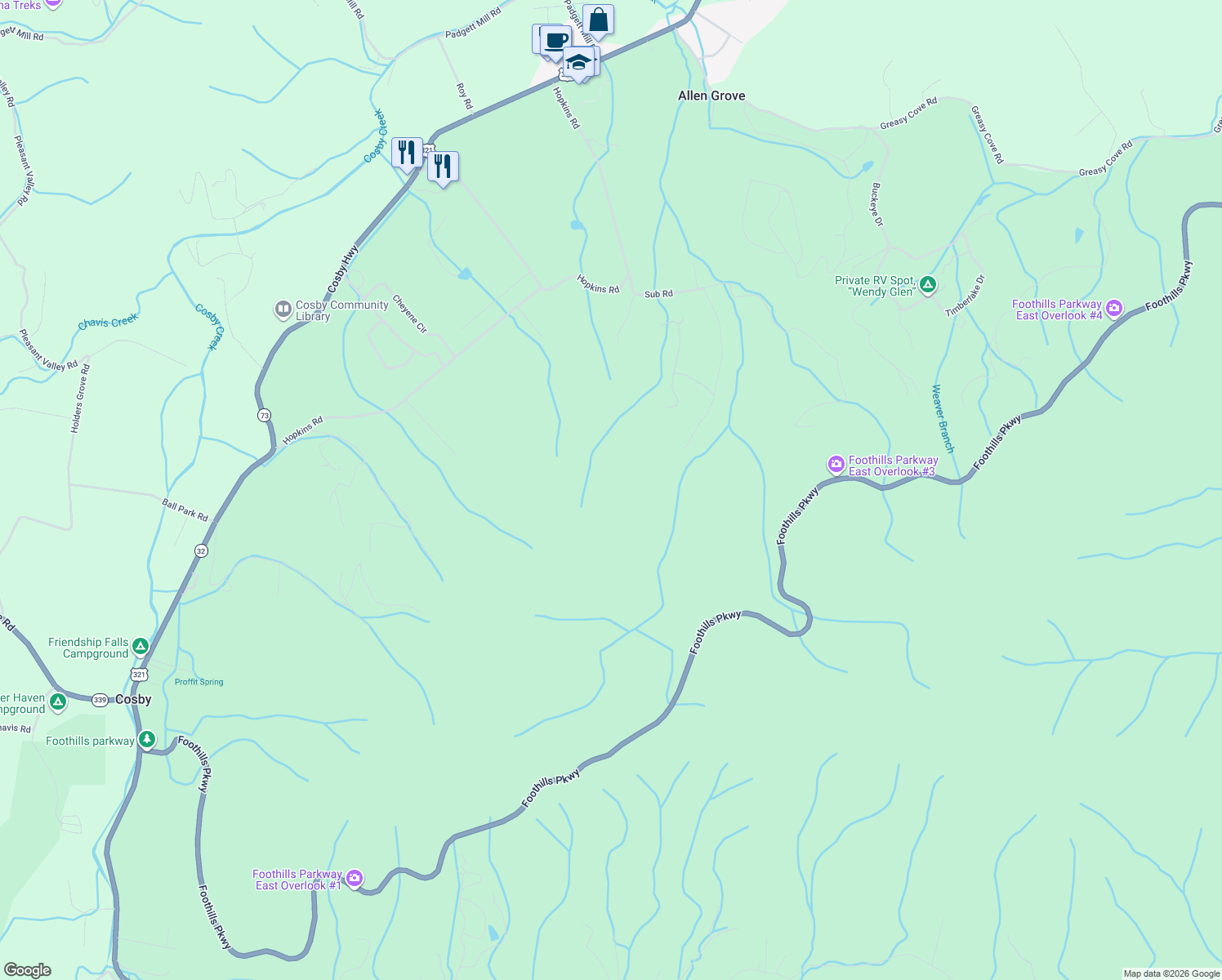 map of restaurants, bars, coffee shops, grocery stores, and more near 3515 Rocky Ridge Road in Cosby