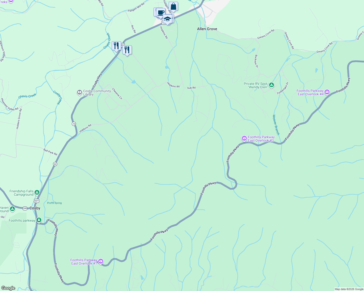 map of restaurants, bars, coffee shops, grocery stores, and more near 3515 Rocky Ridge Road in Cosby