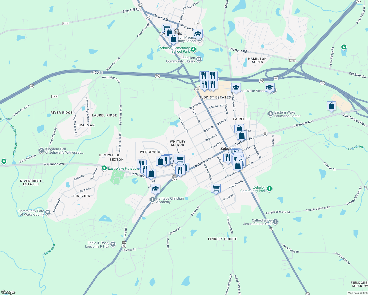 map of restaurants, bars, coffee shops, grocery stores, and more near 410 Parkside Place in Zebulon